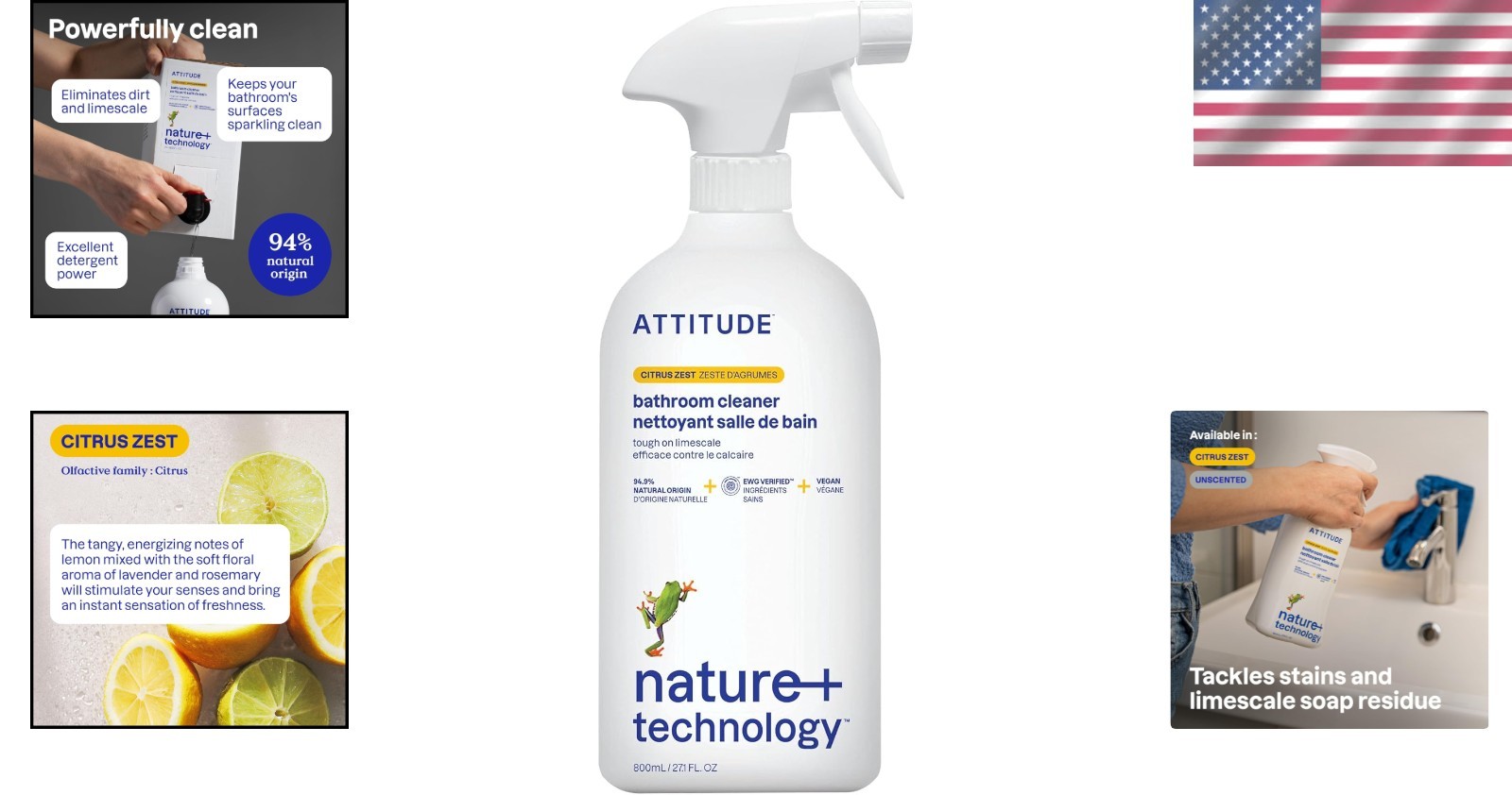 EWG Verified Citrus Zest Bathroom Cleaner Spray – Plant-Based & 27.1 Fl Oz