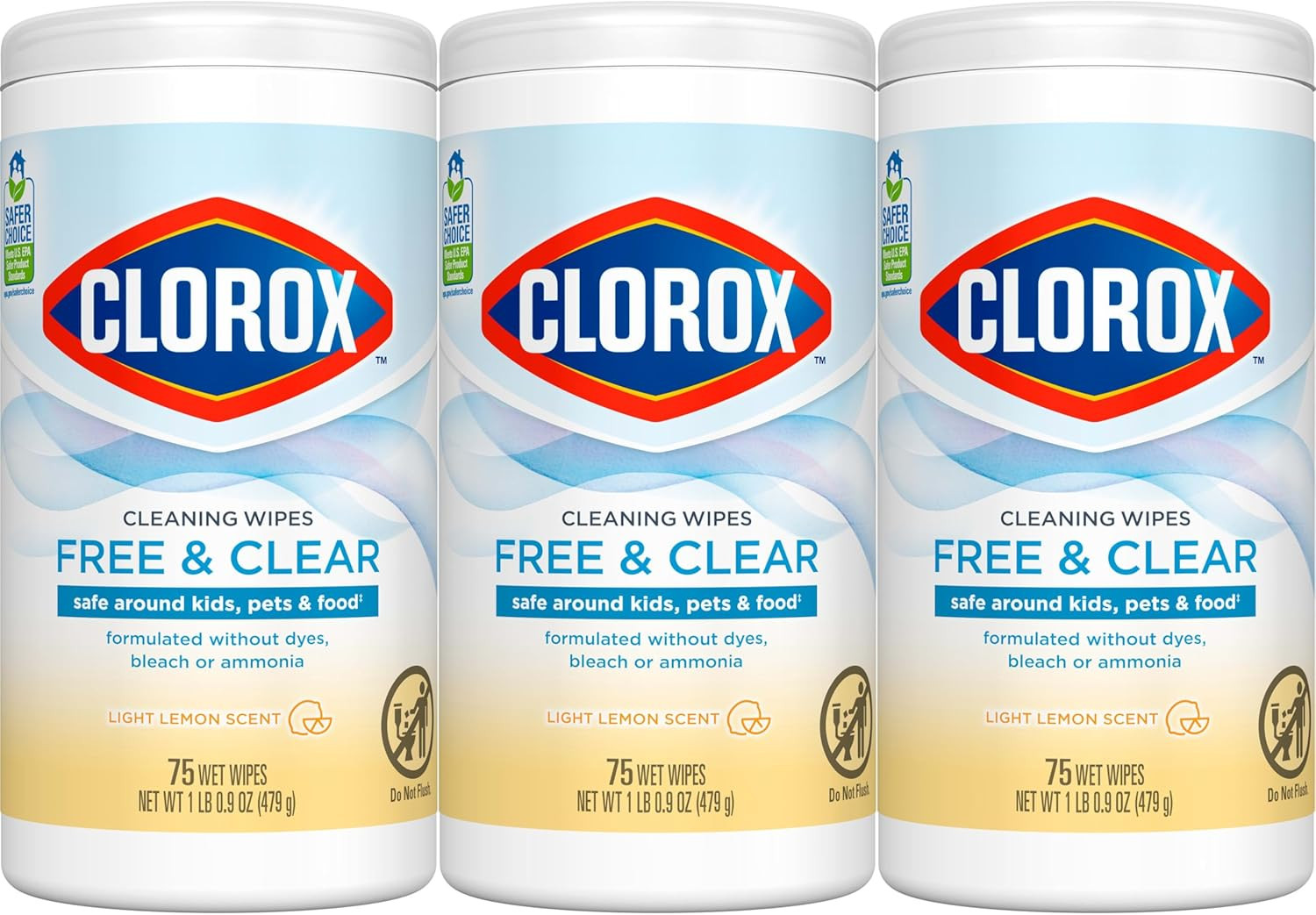 Free & Clear Cleaning Wipes, Light Lemon Scent, 75 Count, Pack of 3 (Pack May Va
