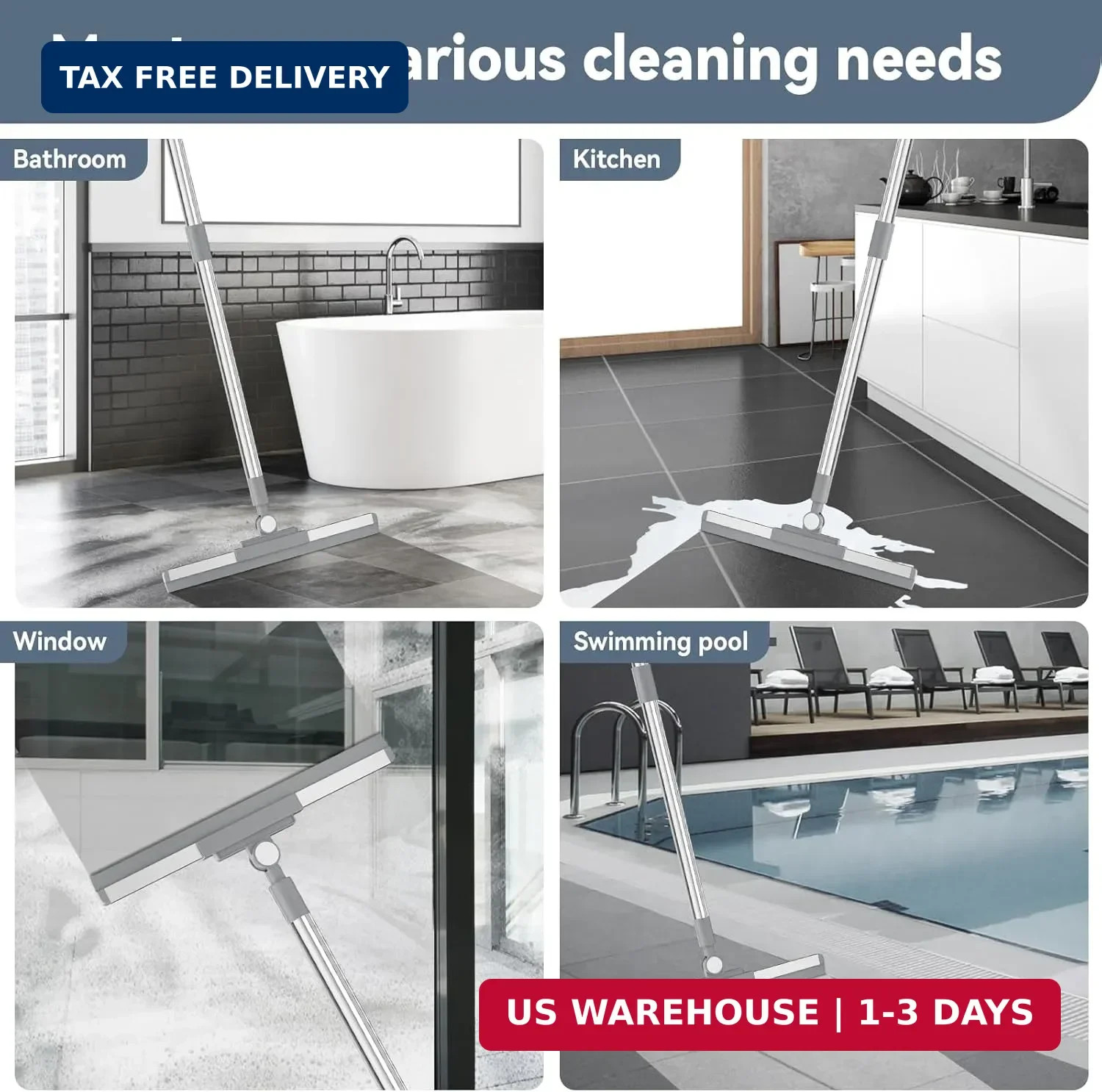 Floor Squeegee with 180° Rotating Head, Squeegee for Floor with 52” Long Handle