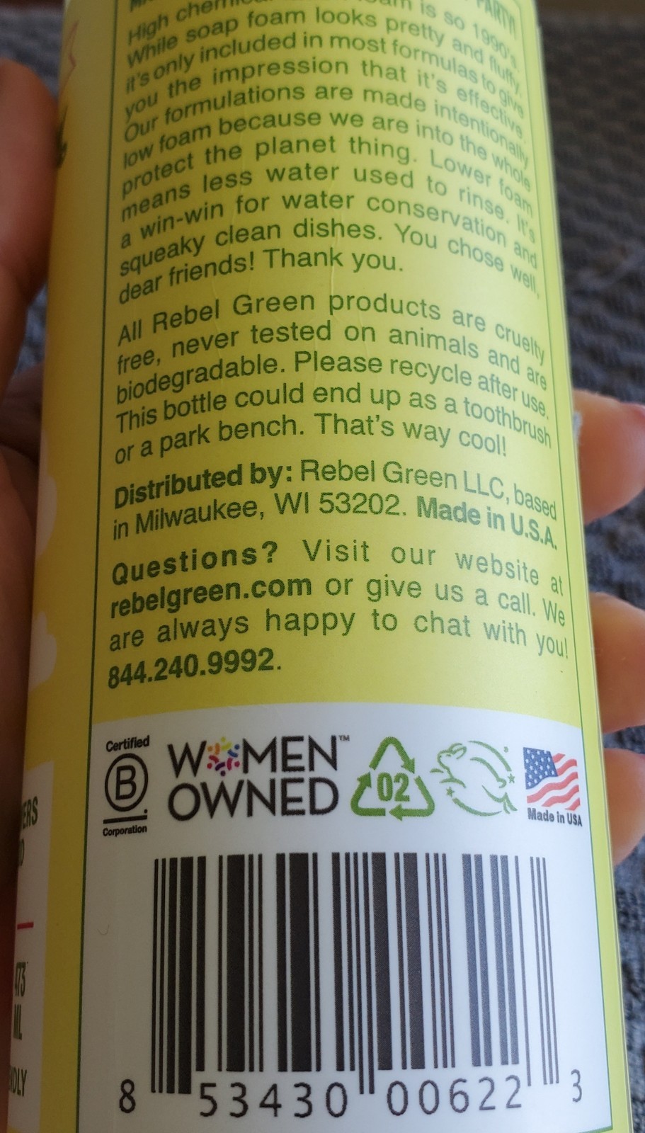 Rebel Green Dish Soap Peppermint Lemon 16 Oz. Sulfate Free Vegan