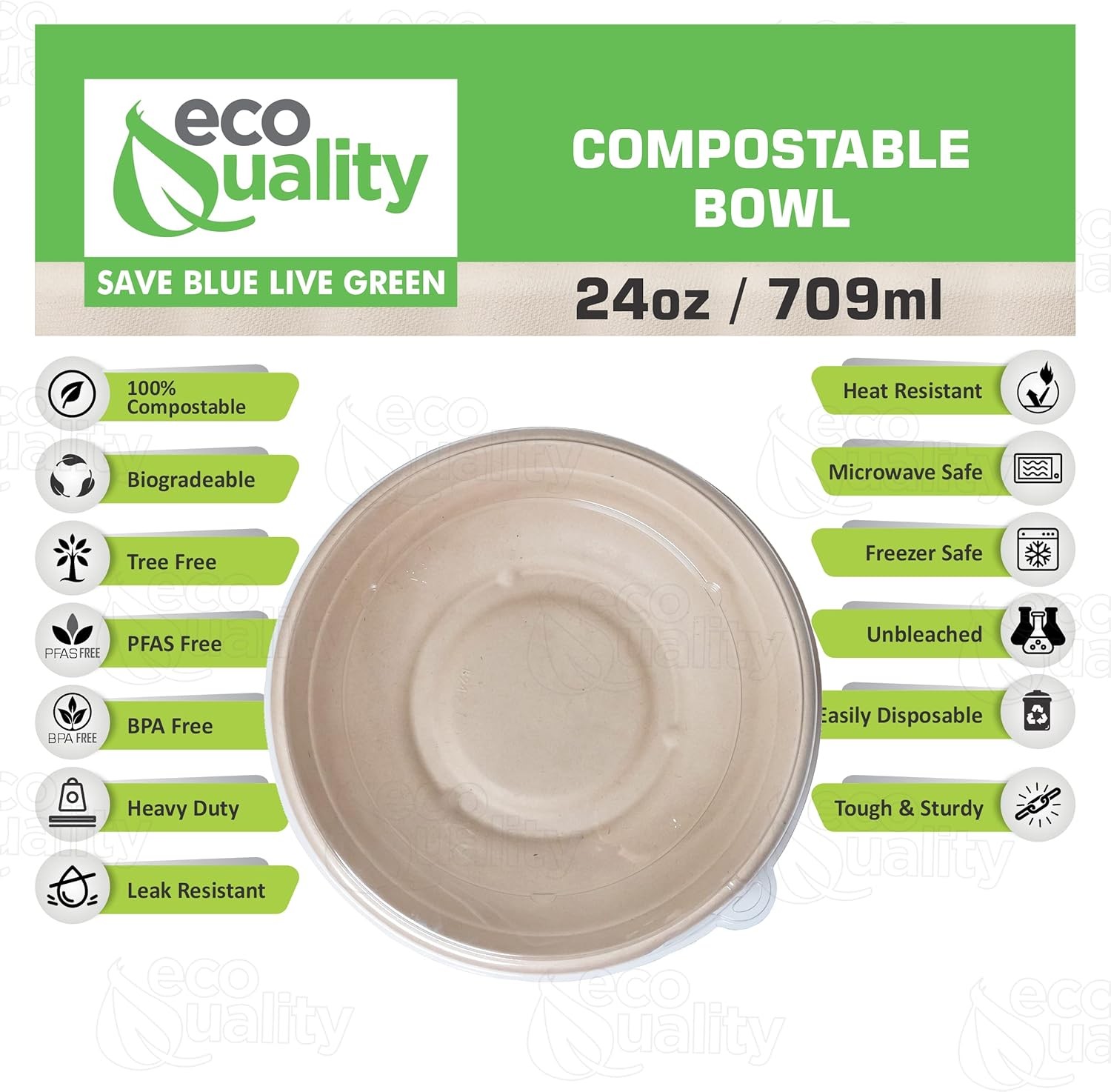 EcoQuality 100 Count 24oz Round Disposable Bowls with Microwavable Lids Natura