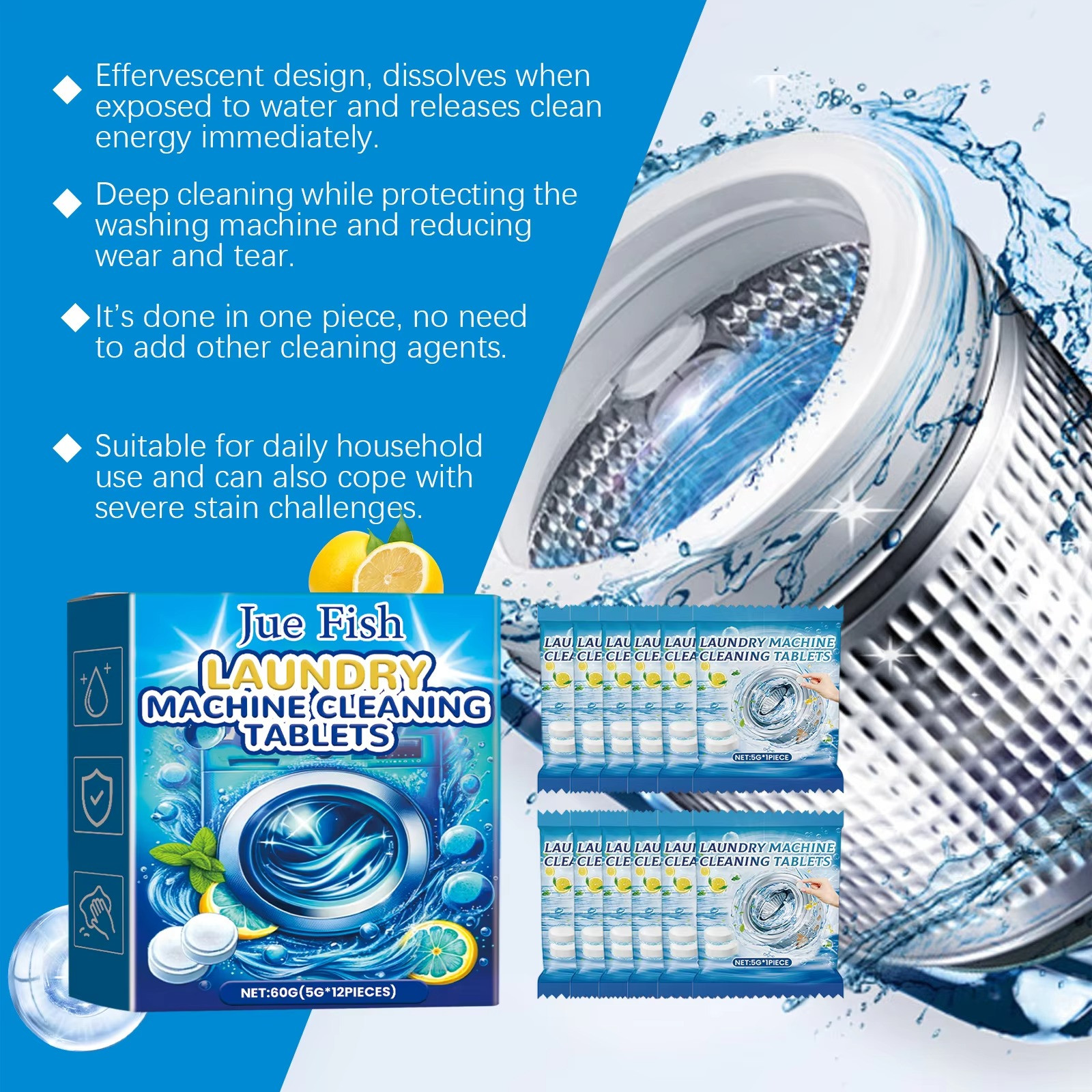 12 Pcs Washing Machine Cleaner Washer Deep Solid Cleaning Effervescent Tablets