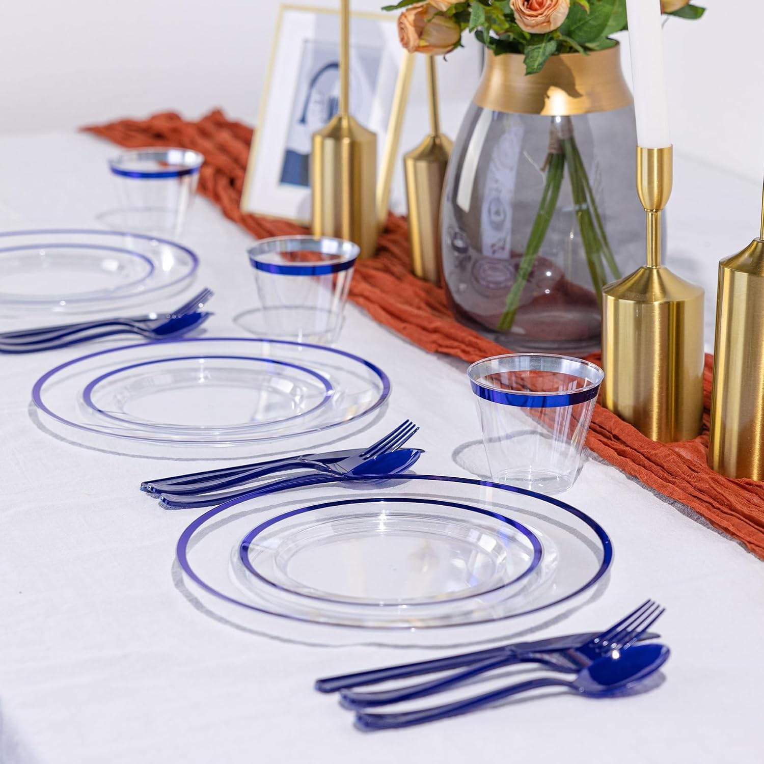 350 PCS Dark Blue Plastic Dinnerware Set for Party, Clear Disposable Plates fo