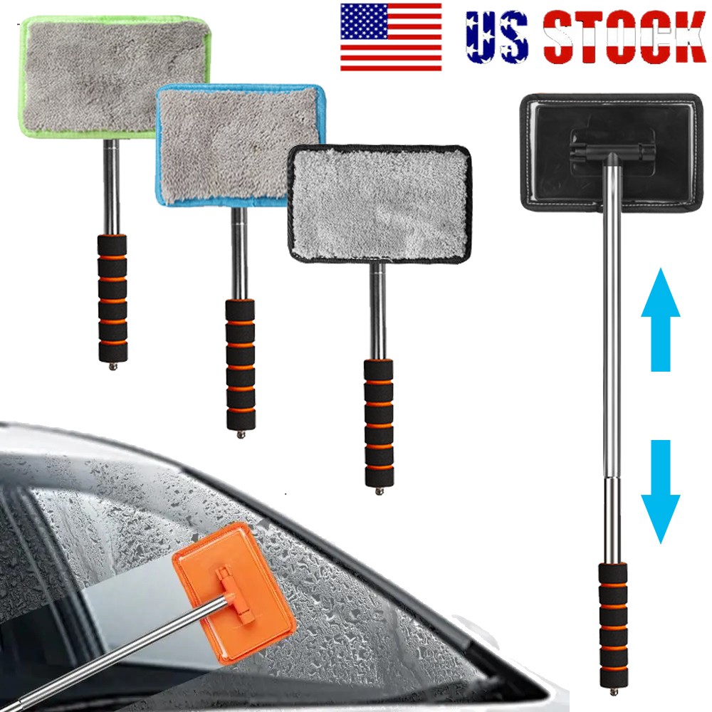 Car Windshield Cleaner Tool with Extendable Handle & 2 Microfiber Pads for Home