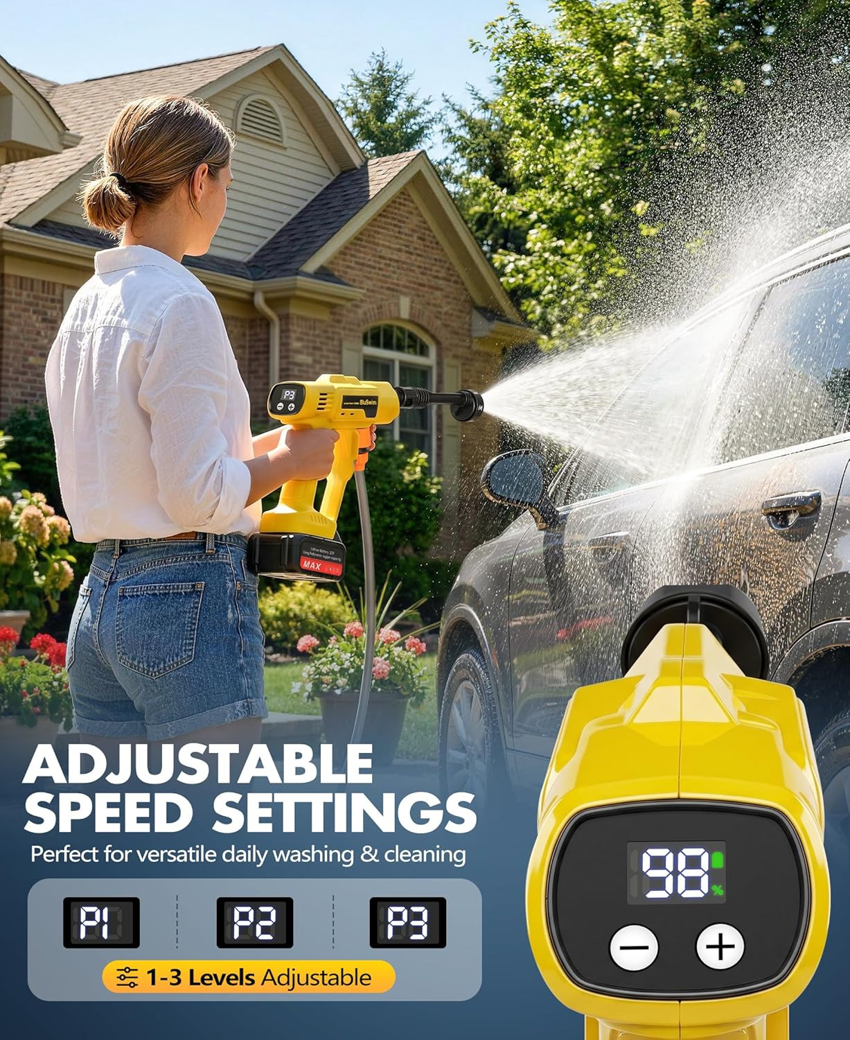 Cordless Car Cleaning Tool with LCD Display, Portable Vehicle Cleaner with Brush