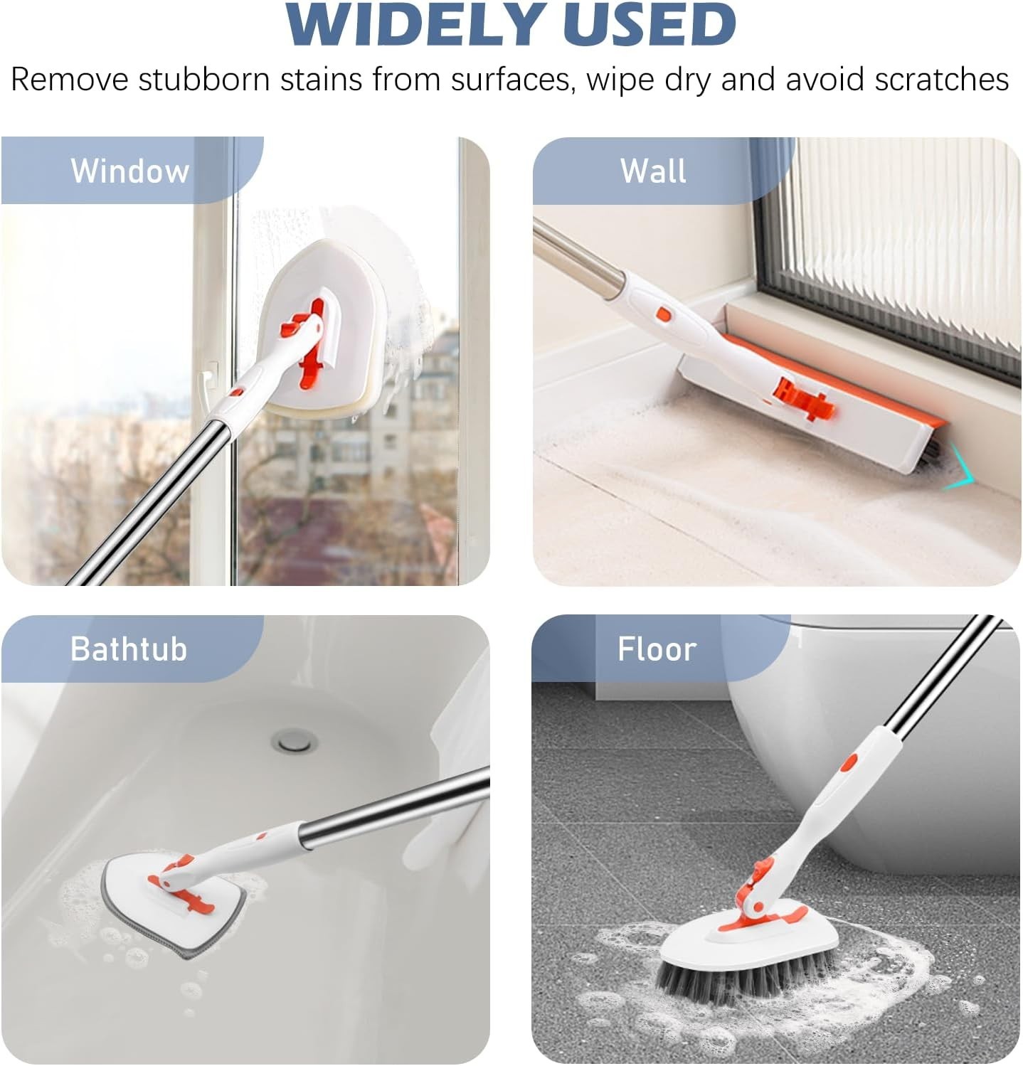 Effortless 52-Inch Floor Scrubber with V-Shaped Grout Brush & Detachable Heads