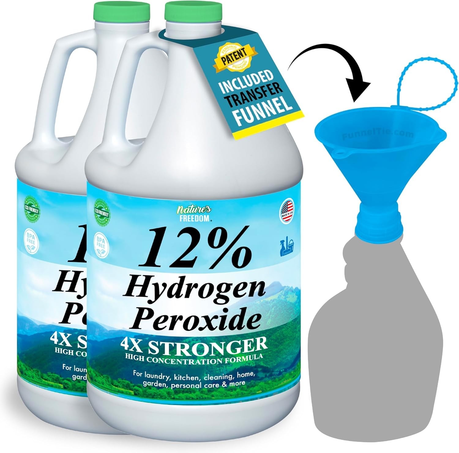12% Hydrogen Peroxide, Food Grade H2O2 and Purified Water, 2 Gallons with Funnel