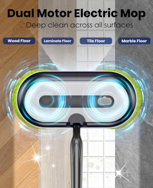 Mopa eléctrica inalámbrica giratoria con LED, spray, tanque 290ml ajustable