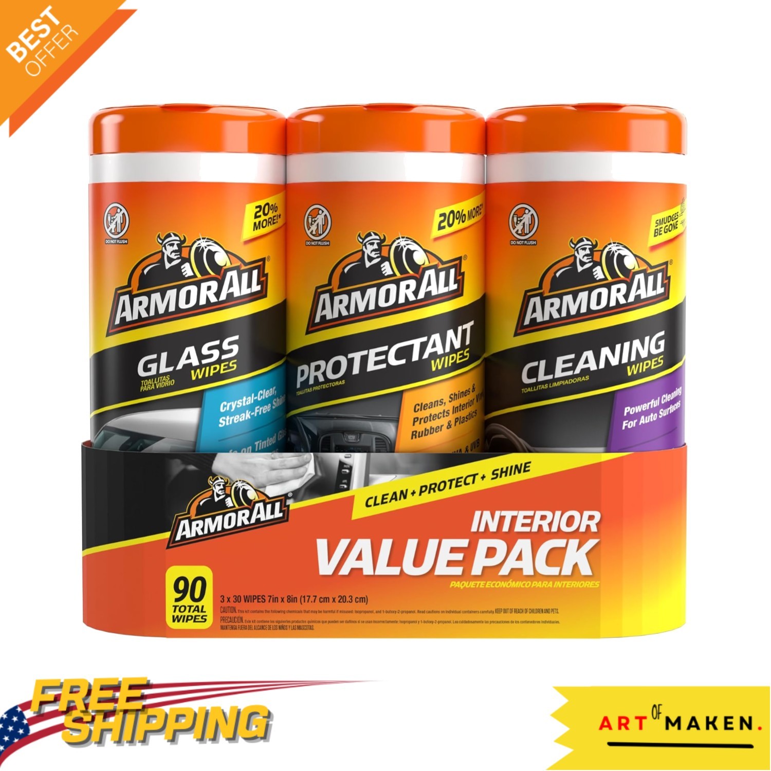 Ultimate Car Care Wipes – 3 Pack of Protectant, Glass & Cleaning Wipes, 90 Total