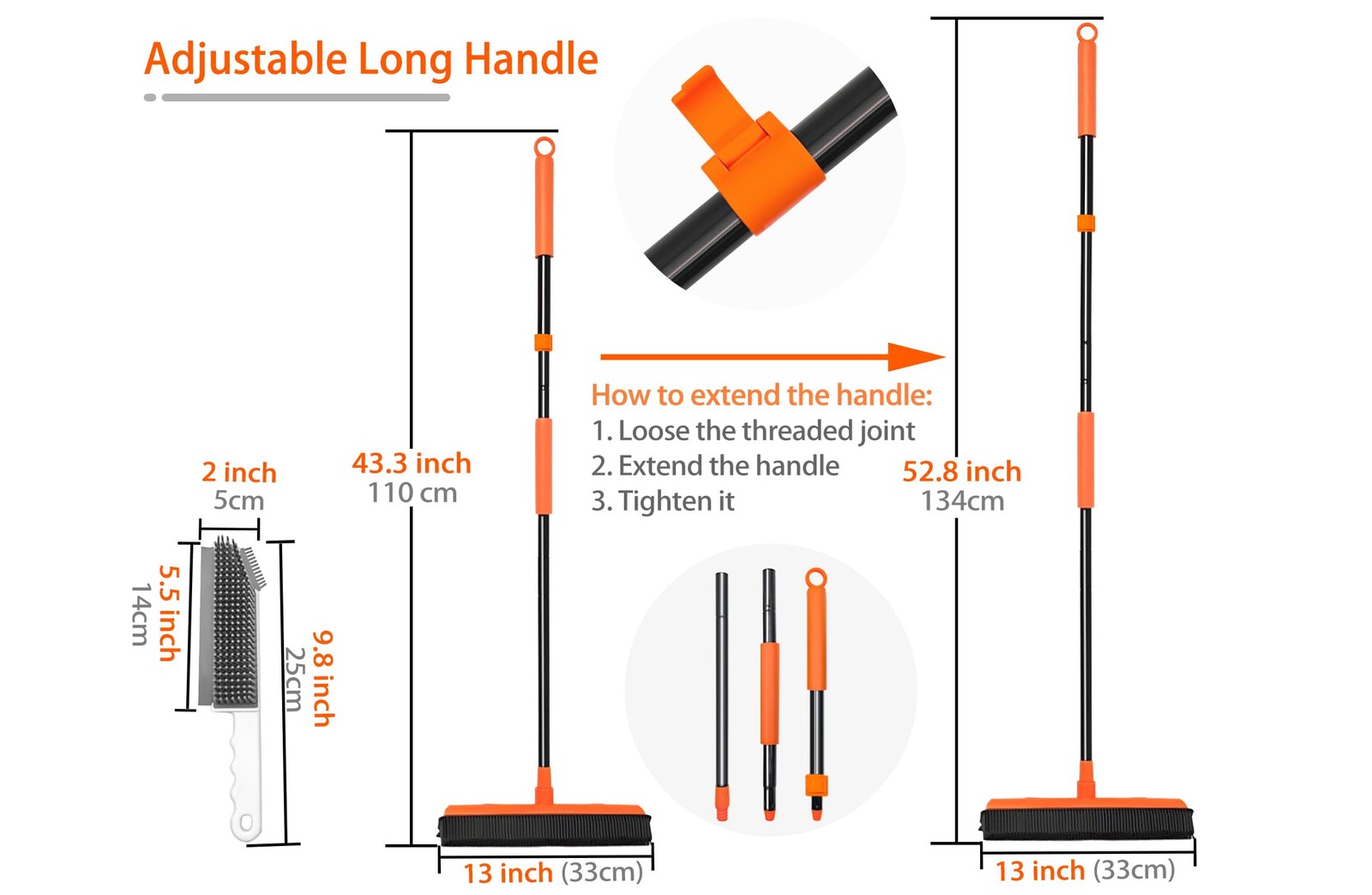 Rubber Broom Carpet Rake for Pet Hair Remover, Fur Removal with Squeegee, Por…