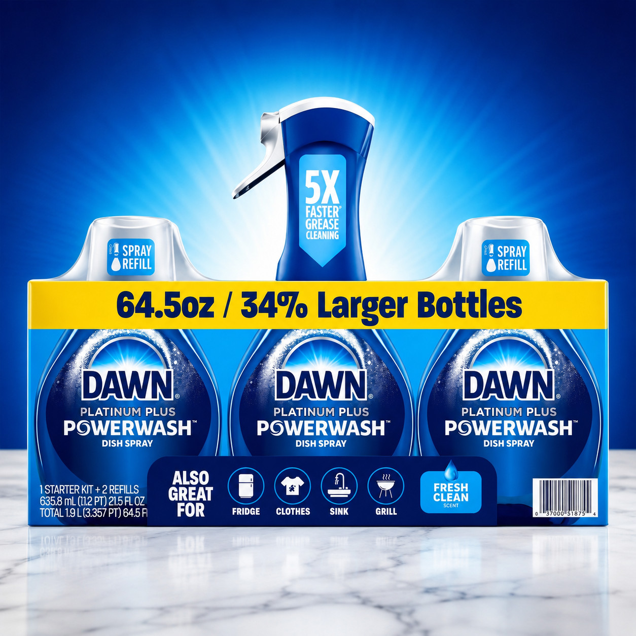 Dawn Platinum Plus Powerwash Dish Spray Fresh Clean Kit +2 Refills 64.5 oz