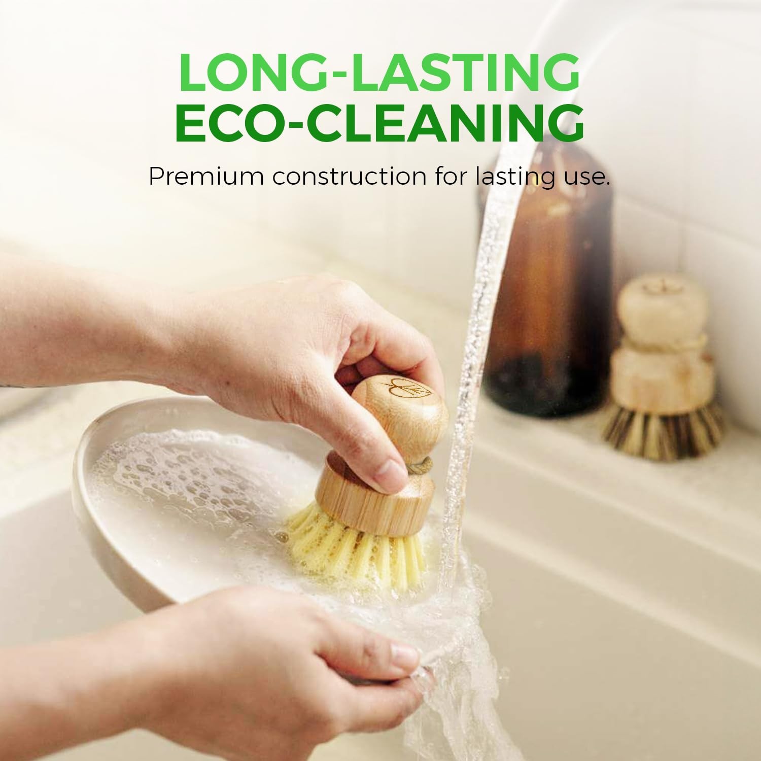 Bamboo Dish Brush Set of 3-100% Plastic Free Kitchen Scrubber with Medium Stiff
