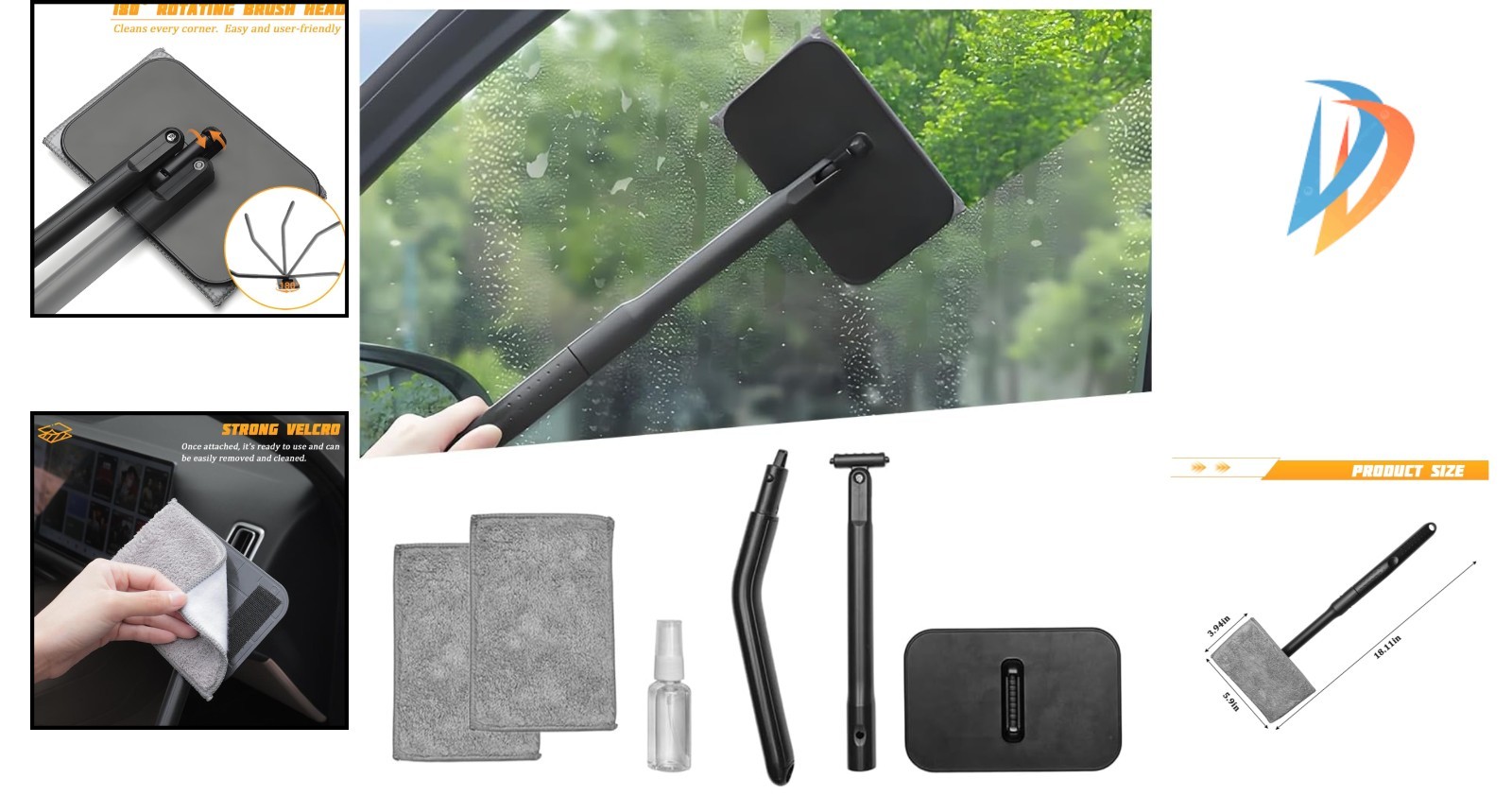Effortless Vehicle Window Cleaner with Extendable Handle & 2 Microfiber Pads