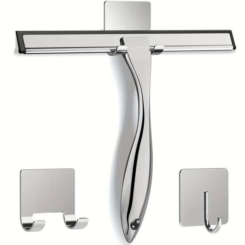 Stainless Steel Shower Squeegee for Glass Doors & Mirrors with 2 Adhesive Hooks