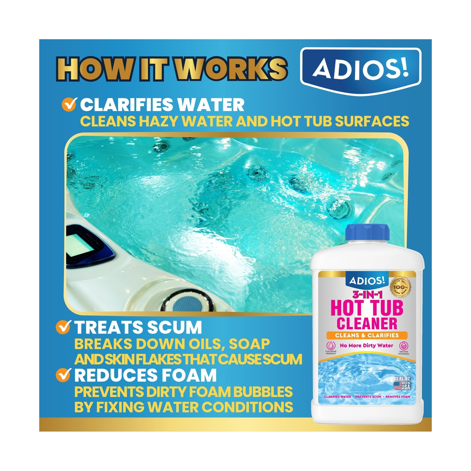 3-in-1 Hot Tub Cleaner Clarifies Water, Prevents Scum, Removes Foam and Stops…