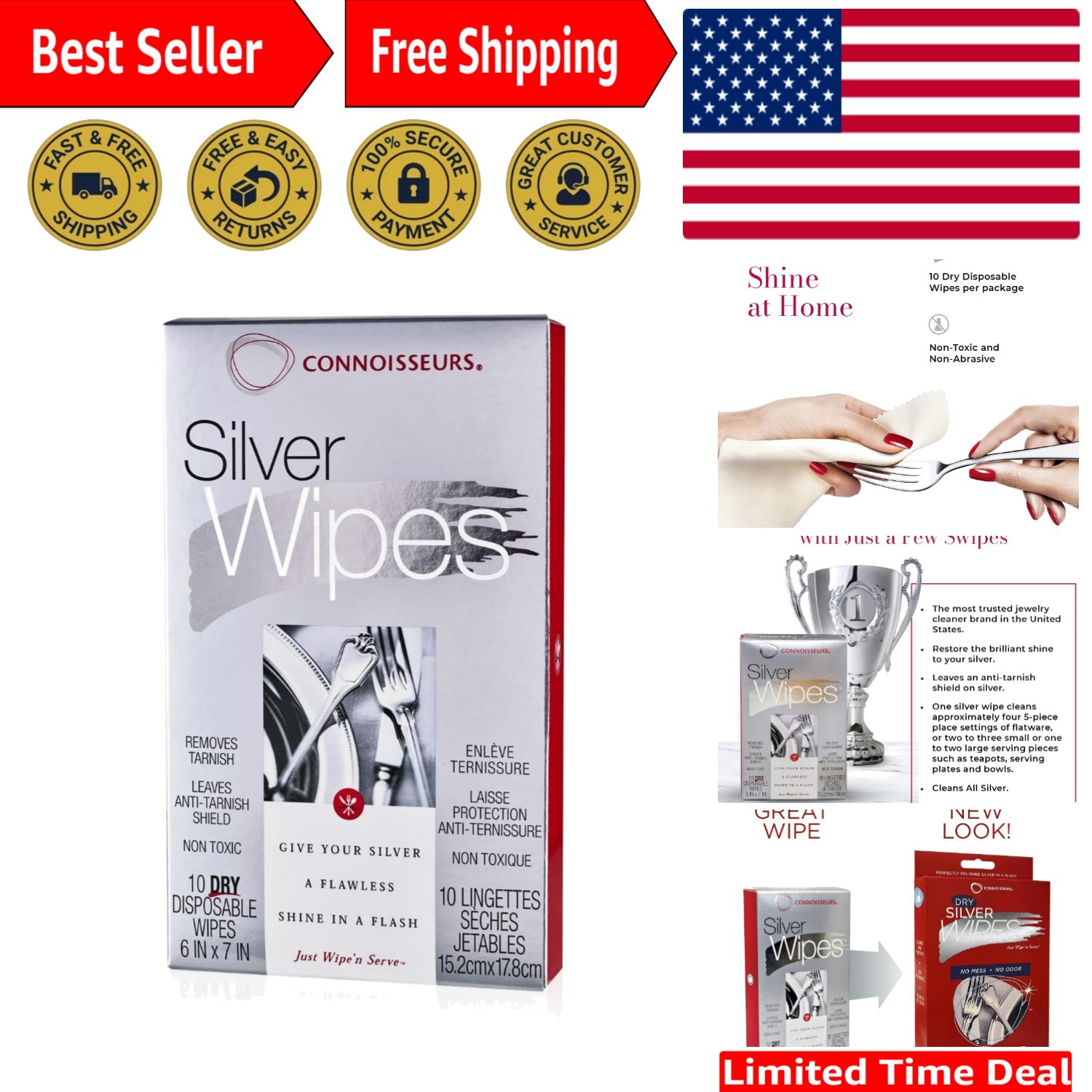 Elegant Silver Cleaner Wipes – 10 Disposable Wipes for Jewelry & Tableware
