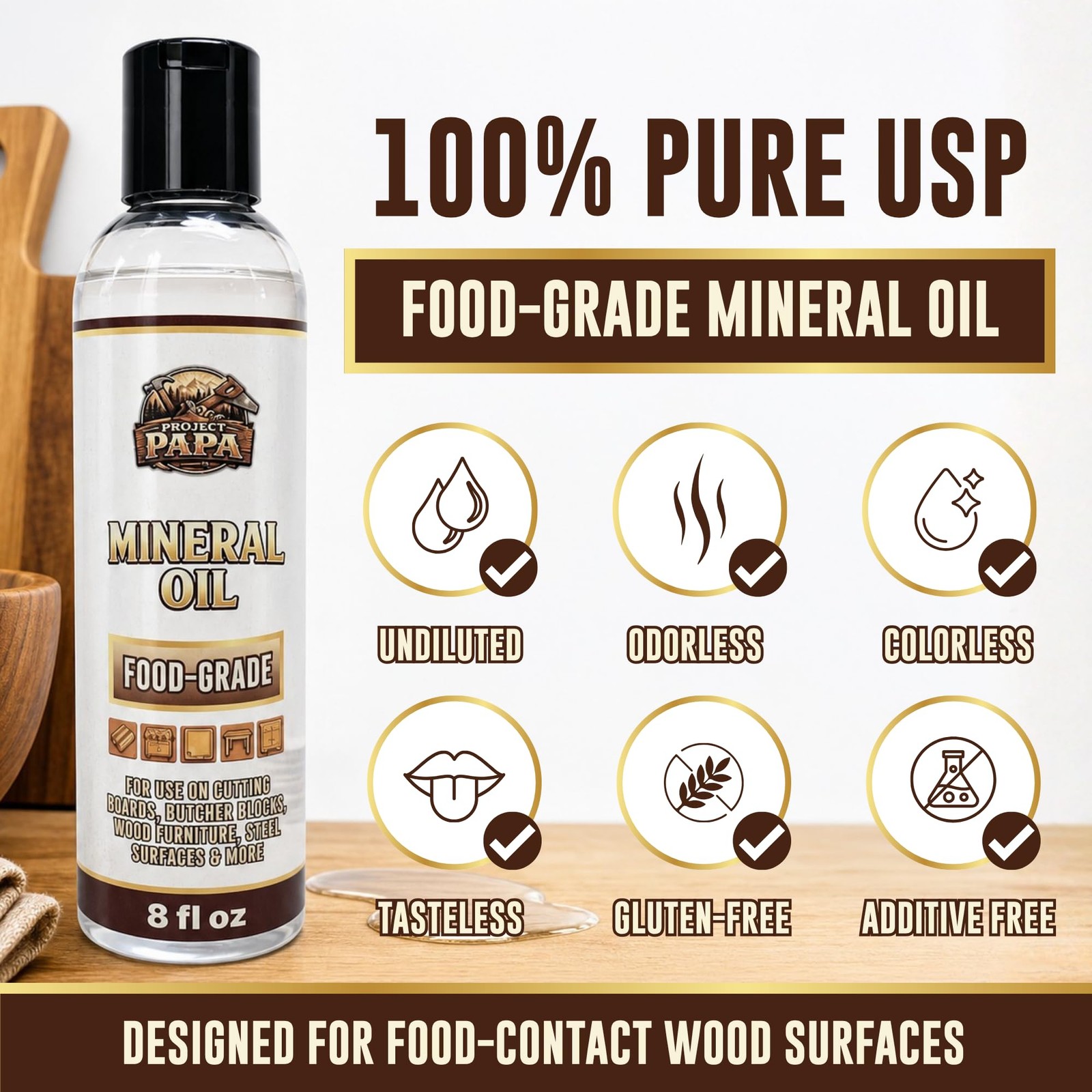 Food Grade Mineral Oil for Cutting Boards & Butcher Block – USP 100% Pure & O…
