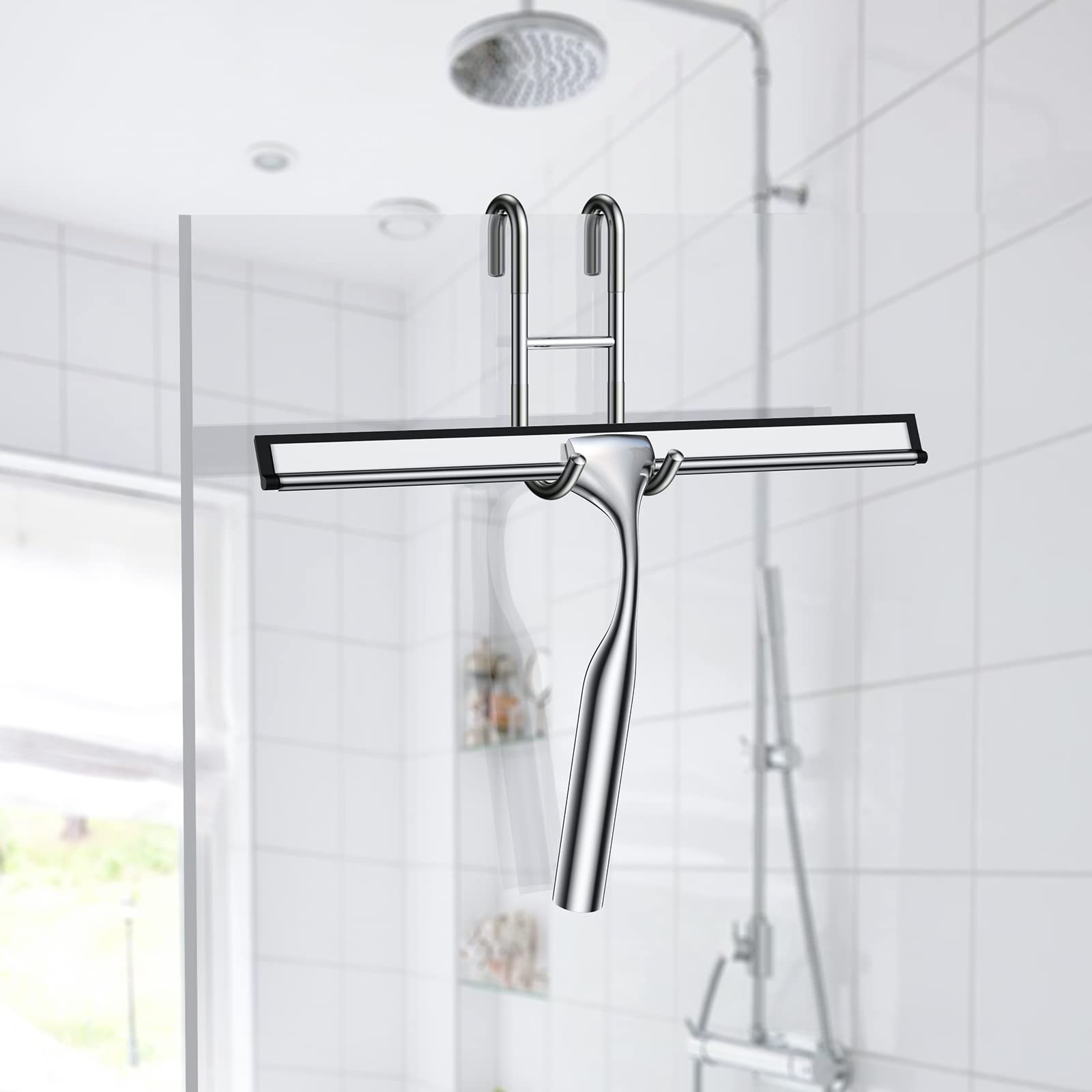 10-Inch Stainless Steel Shower Squeegee with Replacement Blade & Hooks Holder
