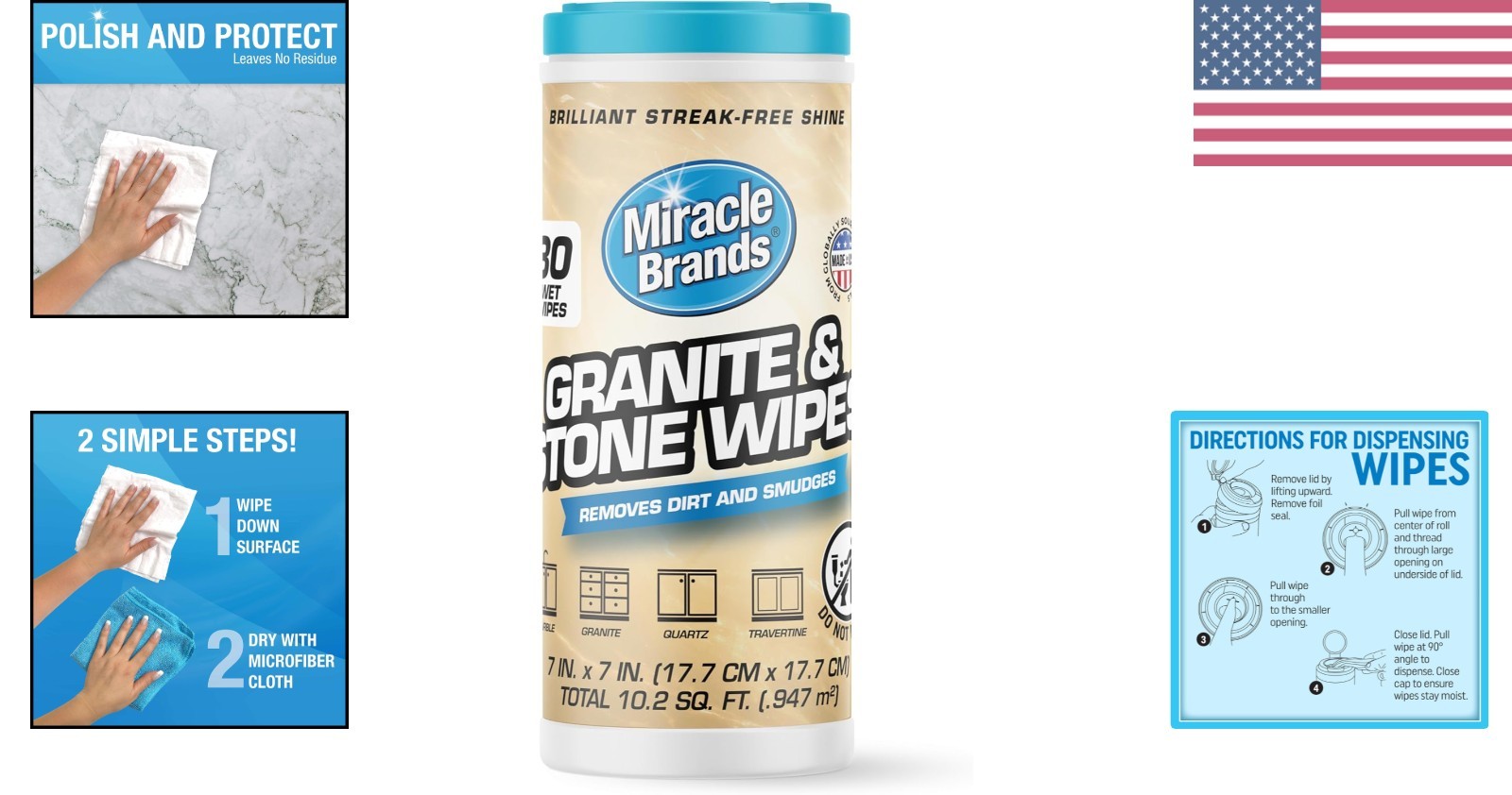 Streak-Free Unscented Wipes for Cleaning & Protecting Stone Surfaces – 30 Count