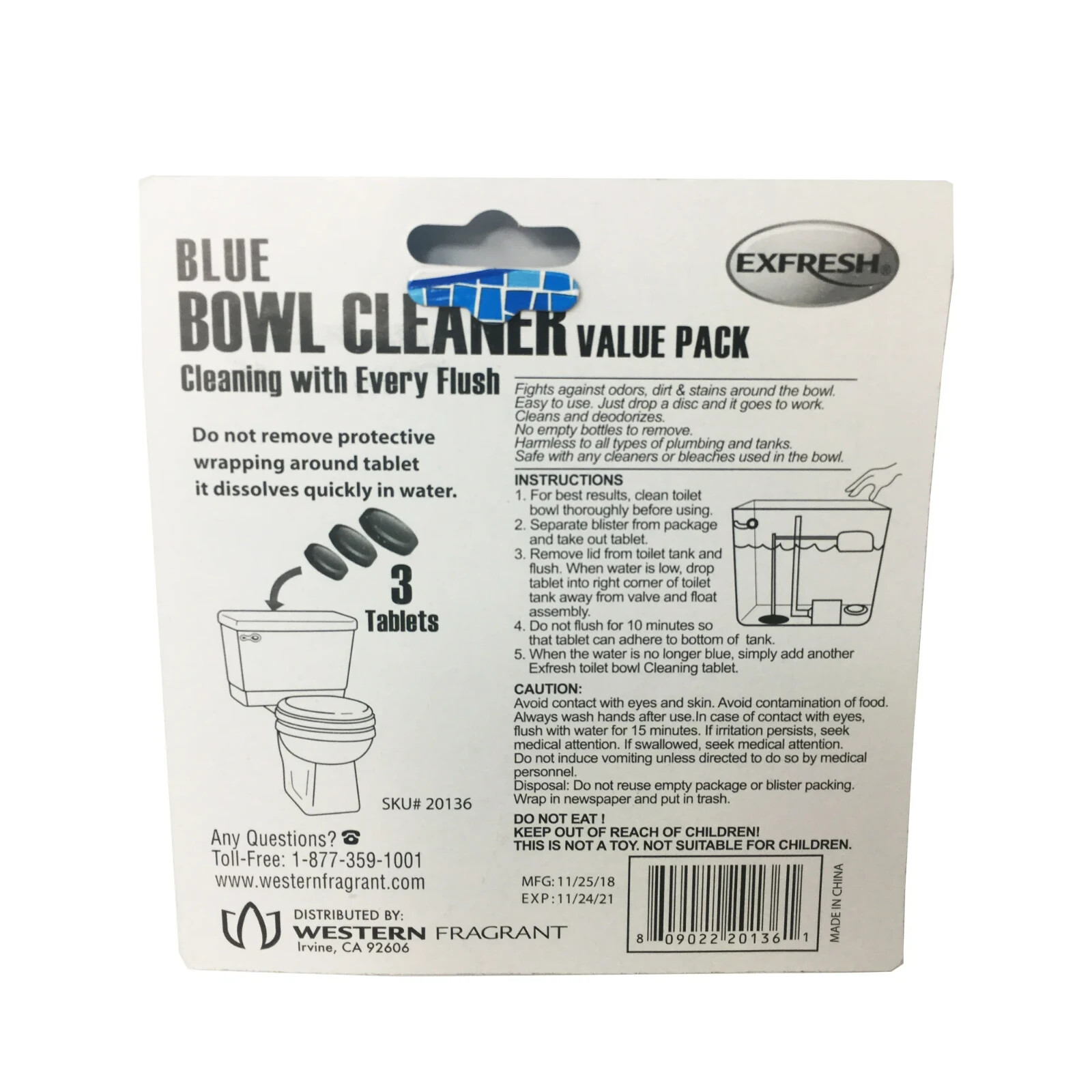 ExFresh Blue Bowl Cleaner Tablets, Value Pack, Pack of 2 (6 Tablets Total)