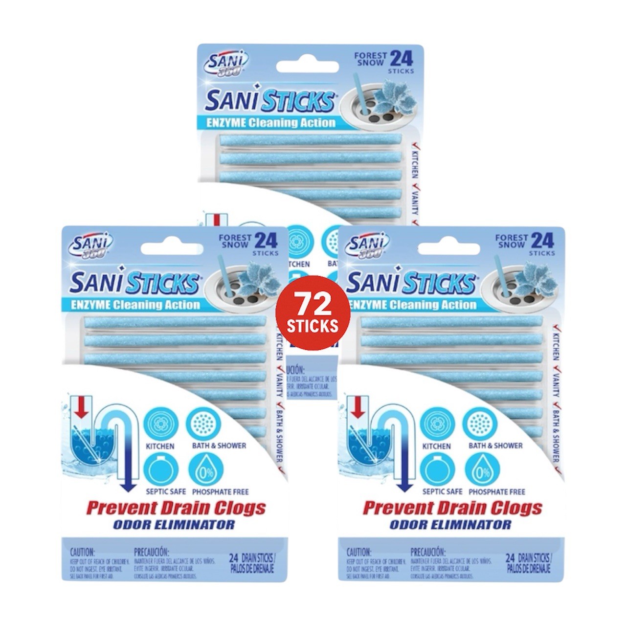 SANI 360° Sani Sticks Drain Cleaner and Deodorizer, Forest Snow Scent, 72 Count