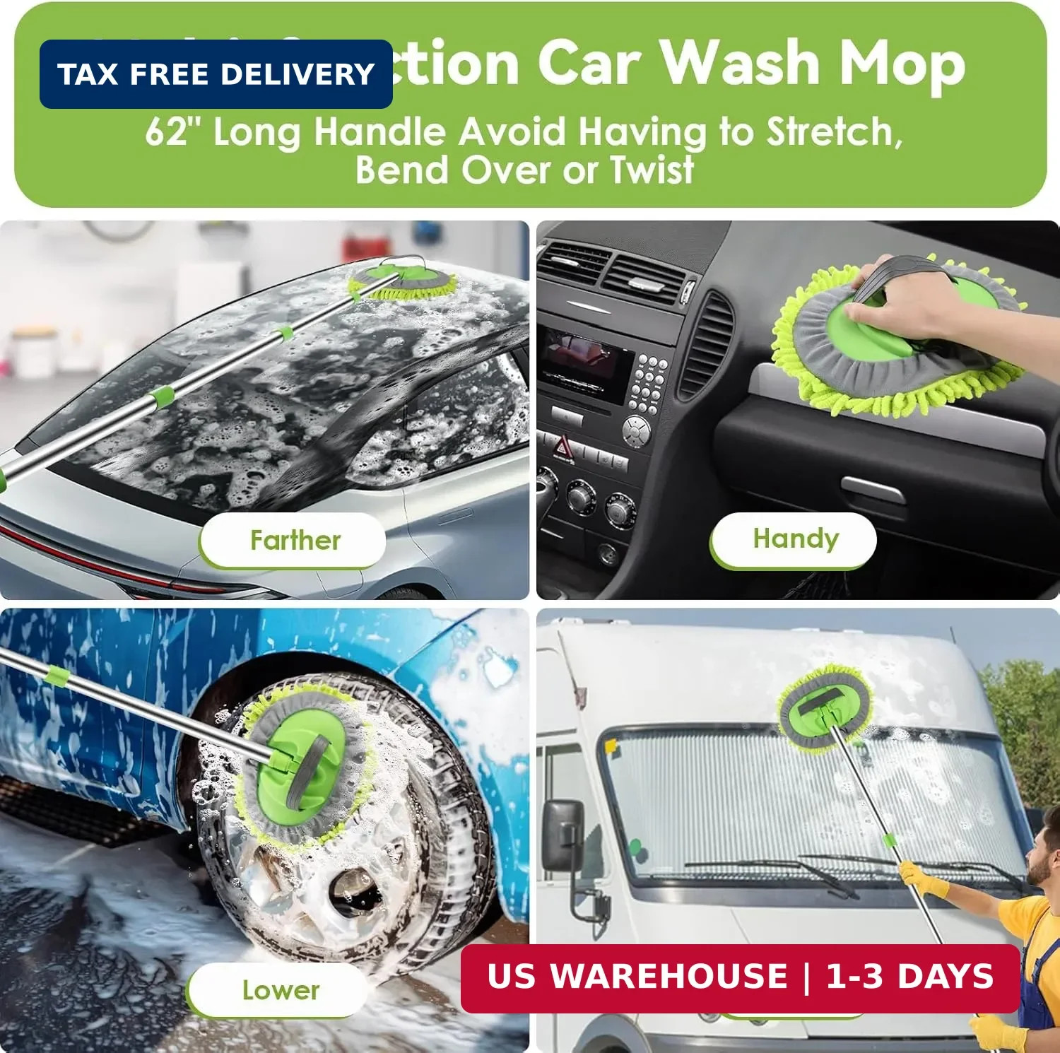 2 Pack Car Wash Brush with Long Handle, 62″ Microfiber Car Wash Mop and Car Wash