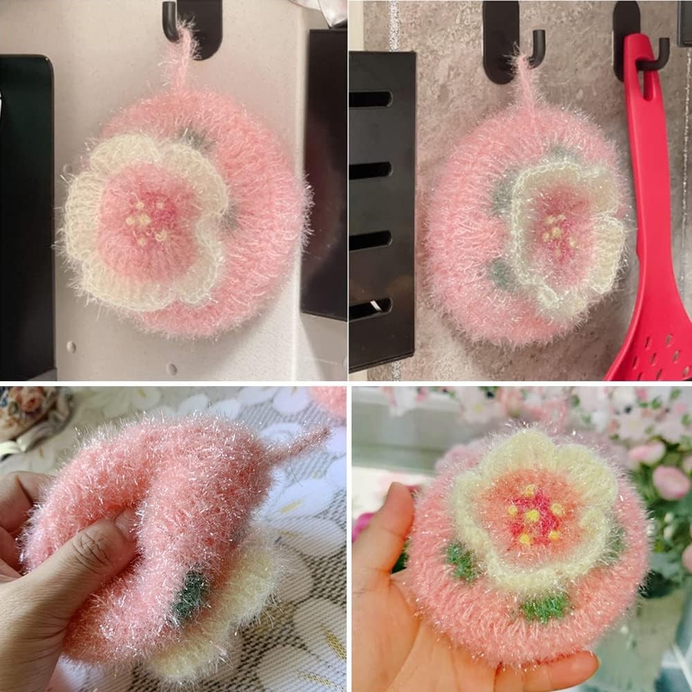 Cherry Blossom Shaped Acrylic Dish Scrubber, Flower Shaped Hand Crochet