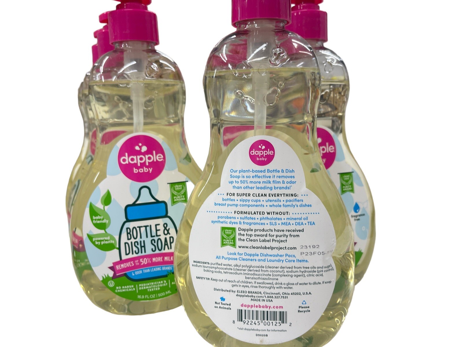 7 Pack (16.9 oz each) DAPPLE BABY Fragrance & Chemical Free Bottle & Dish Soap