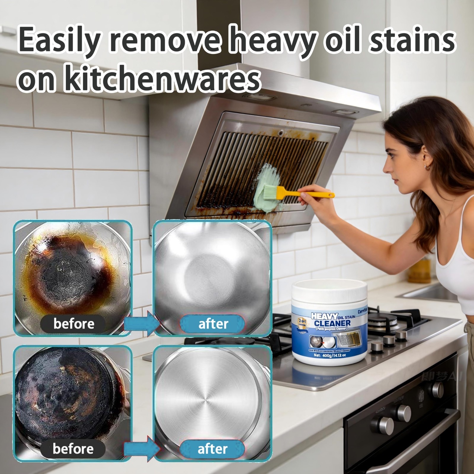 Powerful Heavy Oil Stain Cleaner for Cookware, Stainless Steel & Pot Bottoms – 4