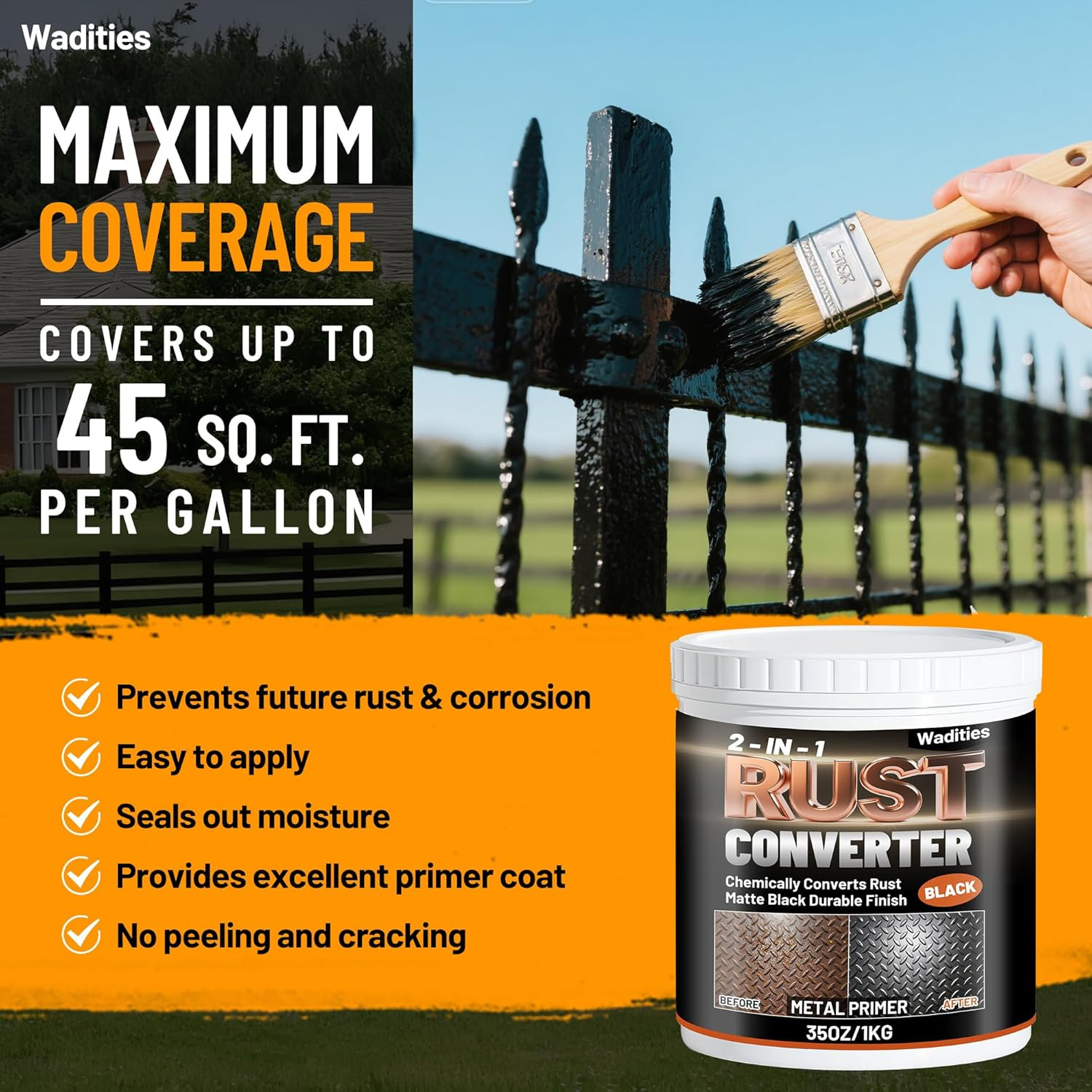 2-In-1 Rust Converter & Metal Primer, 35Oz Matte Black Rust Inhibitor Paint for