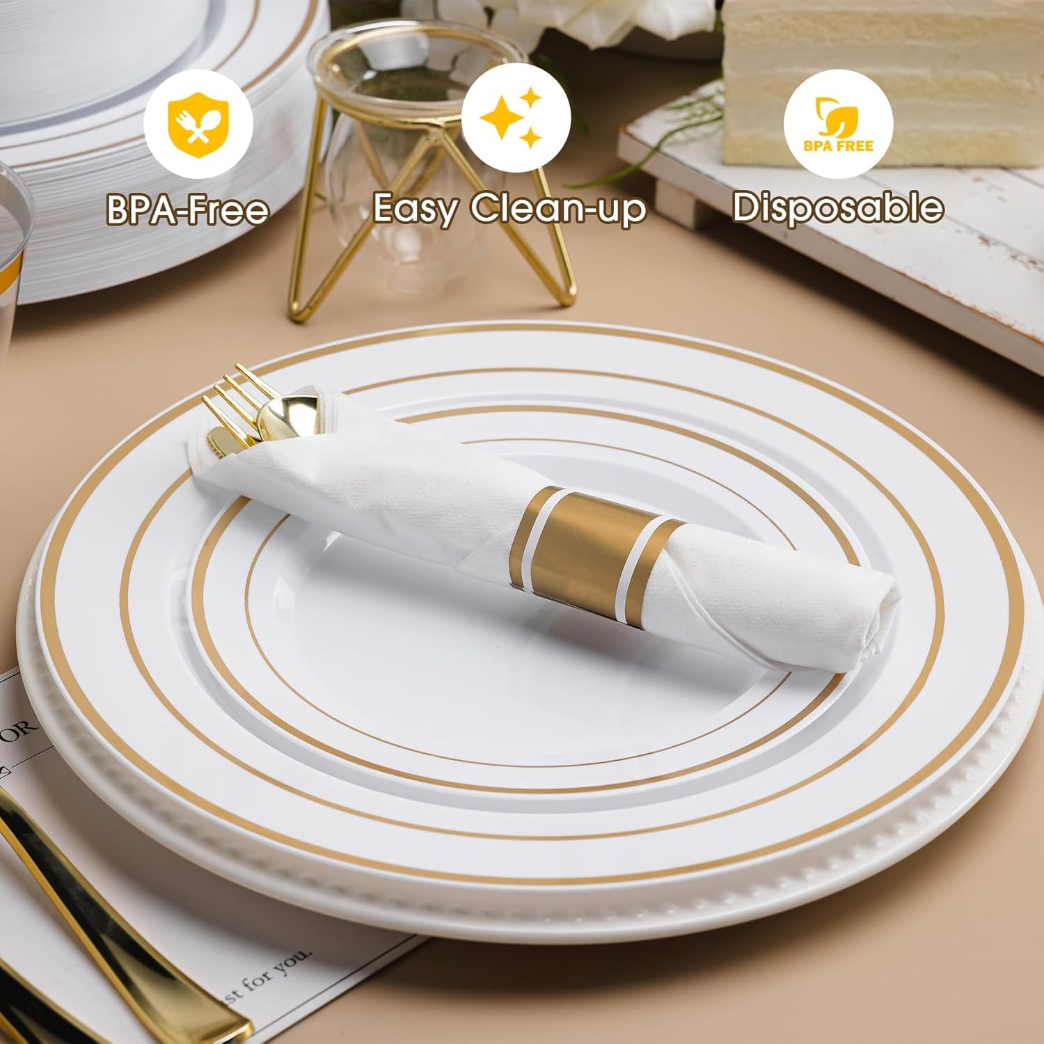 350 PCS White and Gold Plastic Dinnerware Set for 50 Guests, Disposable Party