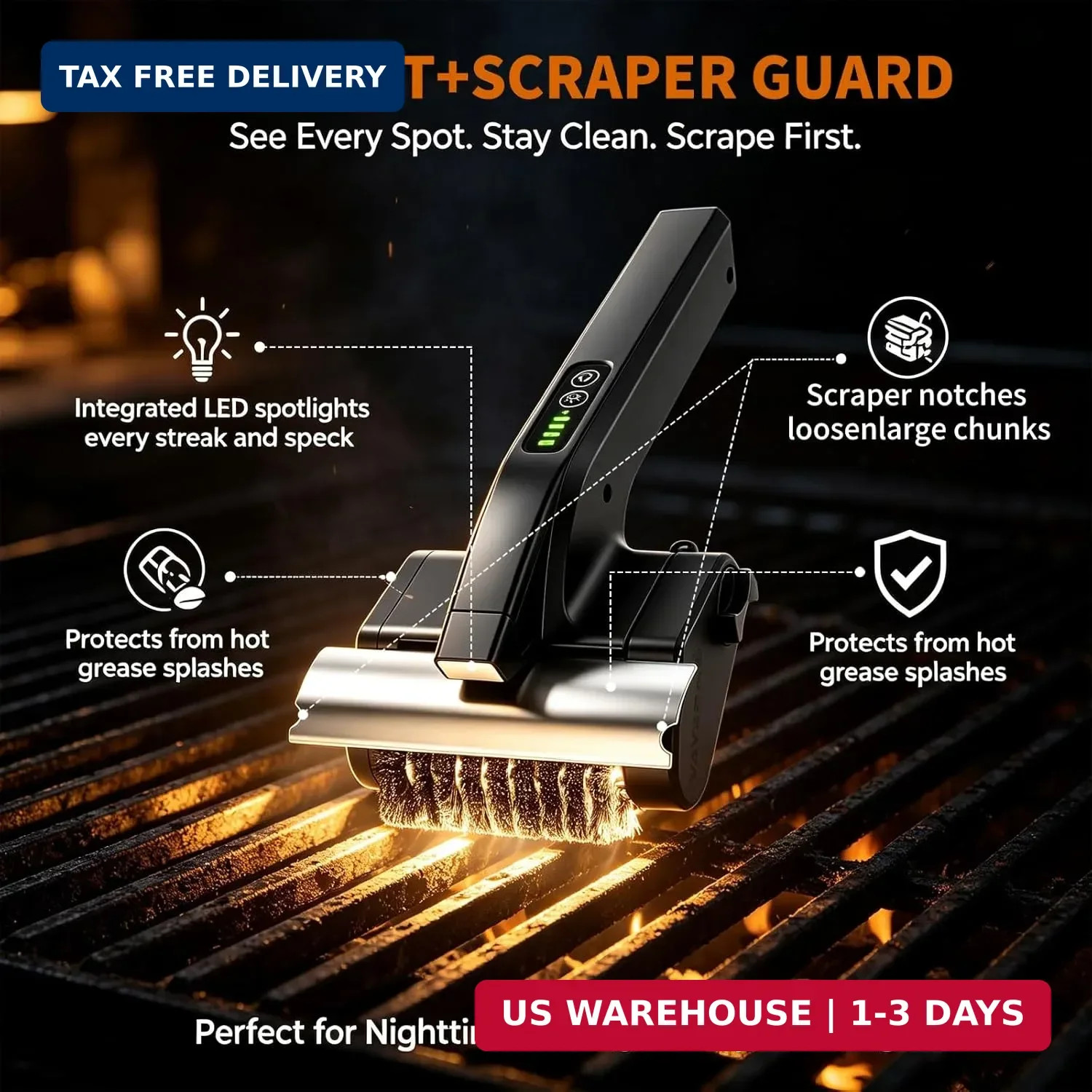 Cordless BBQ Grill Cleaner Brush w/ Splash Guard Heavy Duty Outdoor Scrubber