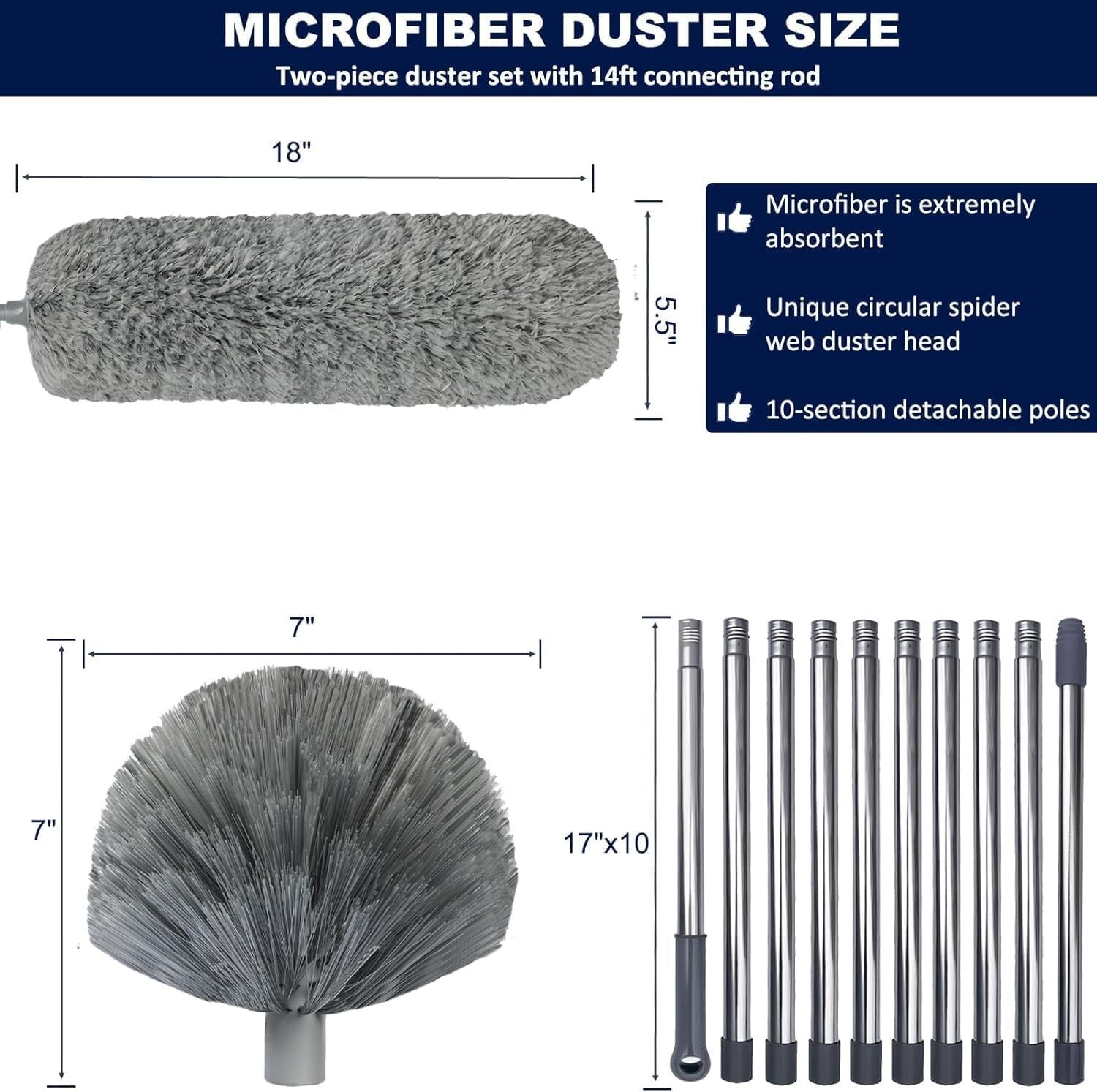 20 Ft+ High Reach Grey Cobweb Duster with 3-14 ft Extension Pole, Webster Cobweb