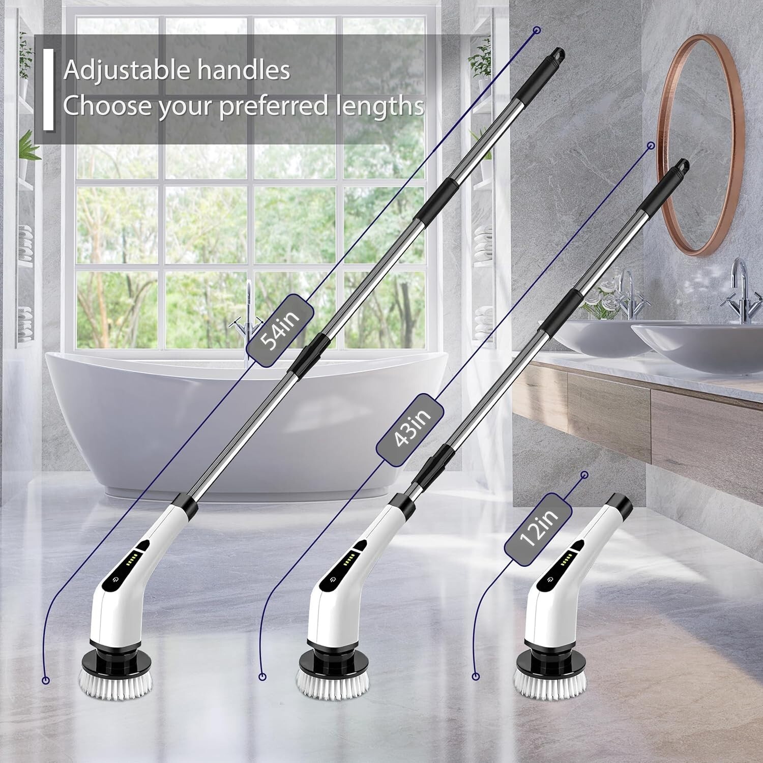 Electric Rotating Washer, Long Handle For Shower Cleaning Brush w/6 Brush Heads