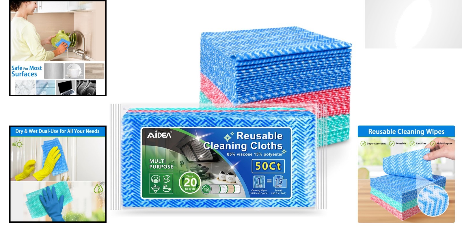 50 Count Lint-Free Reusable Cleaning Wipes, 12×12 Inch Multi-Purpose Towels