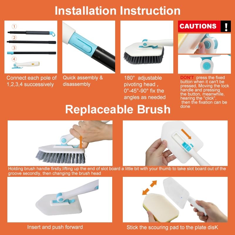 Long Handled Scrub Brush for Shower,3-in-1 Cleaning Brushes with 3 Different …