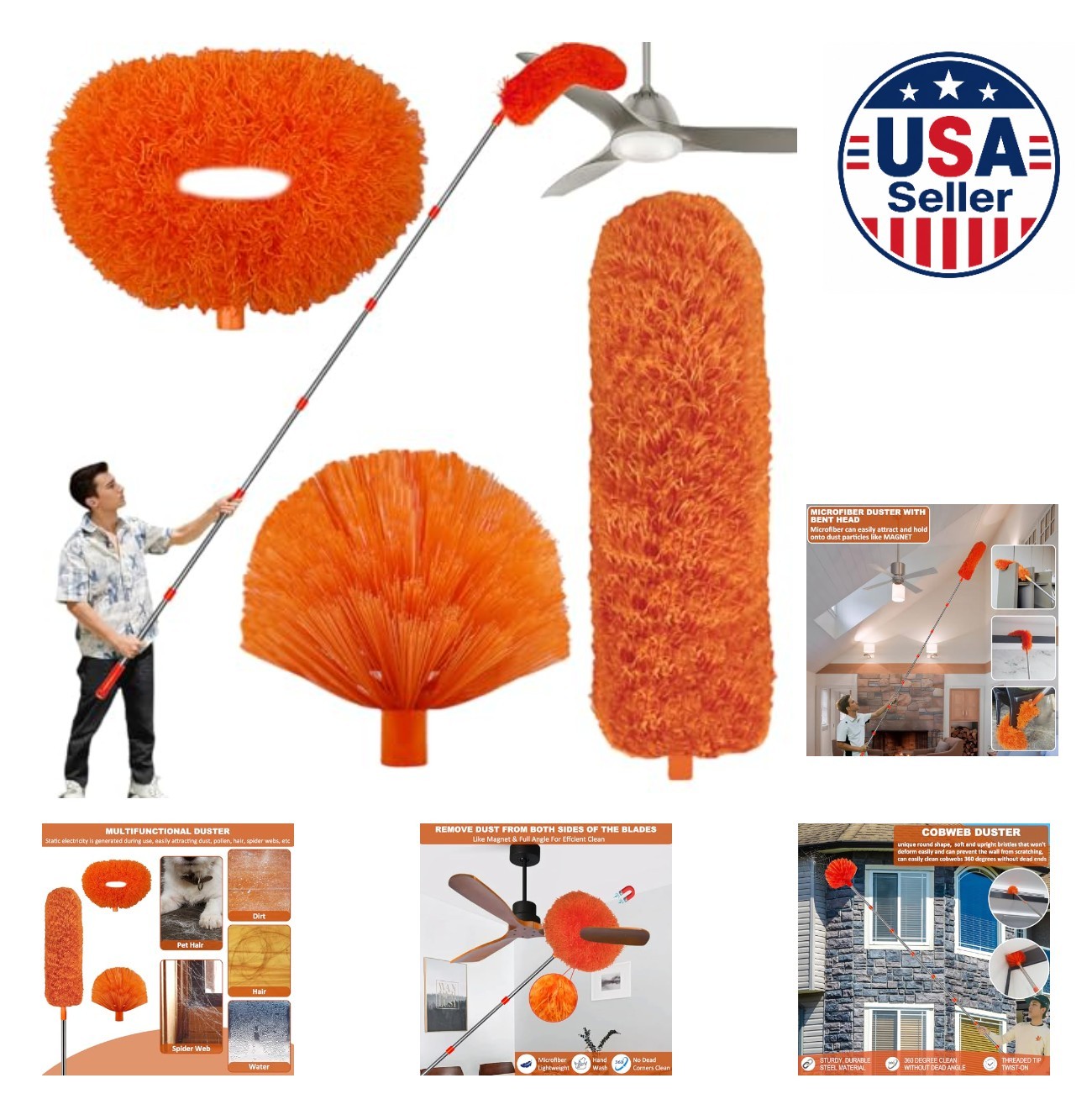 20 Ft High Reach Cleaning Tool Kit Microfiber Ceiling Fan Duster Cobweb Duster
