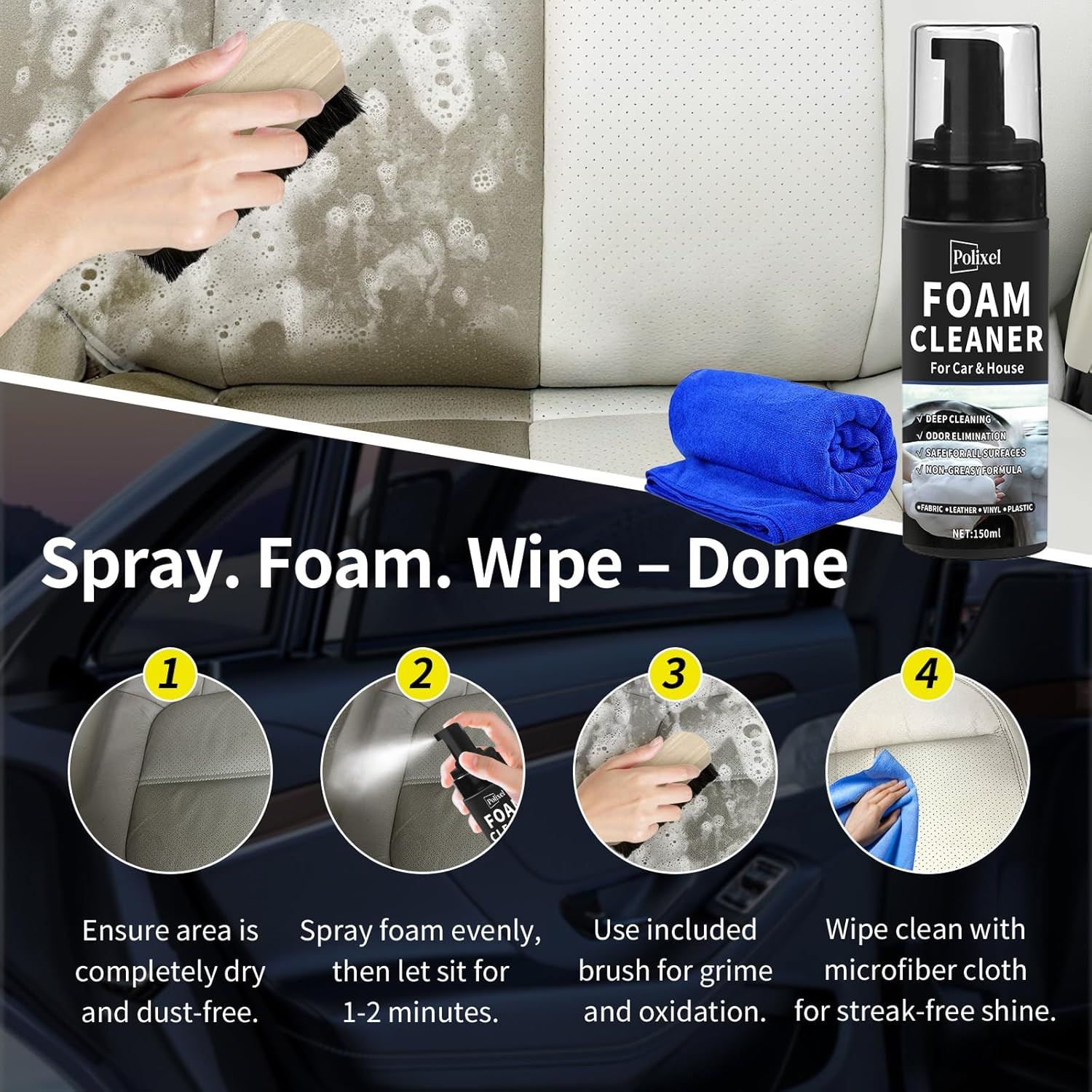Car Interior Foam Cleaner – Powerful Waterless Carpet Upholstery & Seat Stain Re