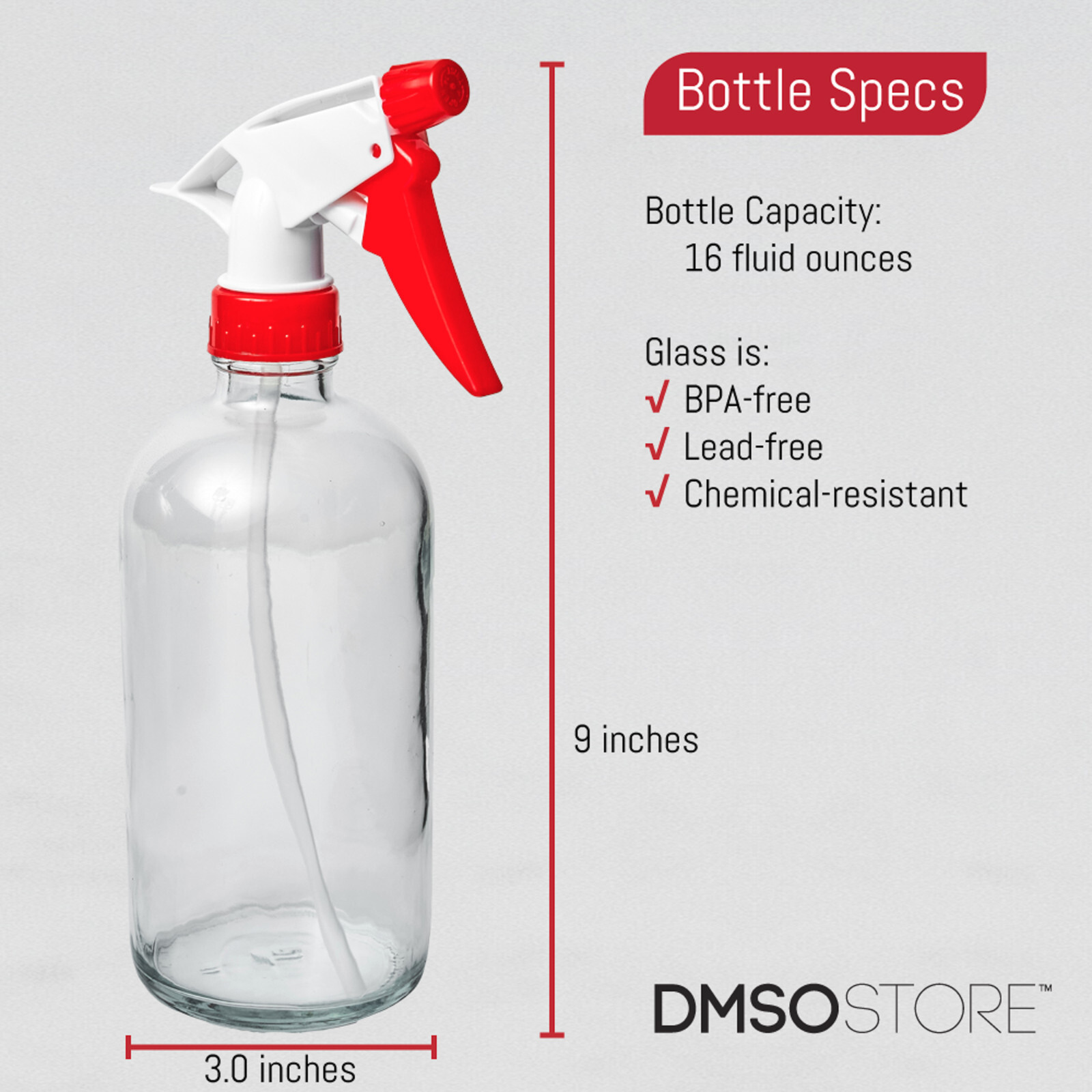 DMSOSTORE 16 oz. Glass Spray Bottles 4 Pack with Red Trigger Sprayer, Adjustable