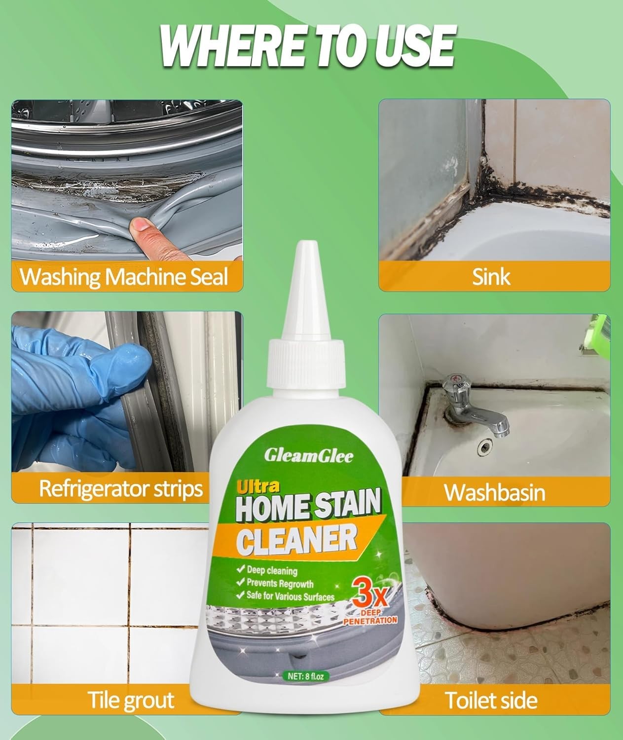 Heavy Duty Home Stain Cleaner Gel – 8 Fl Oz for Bathroom, Tile & Washing Machine