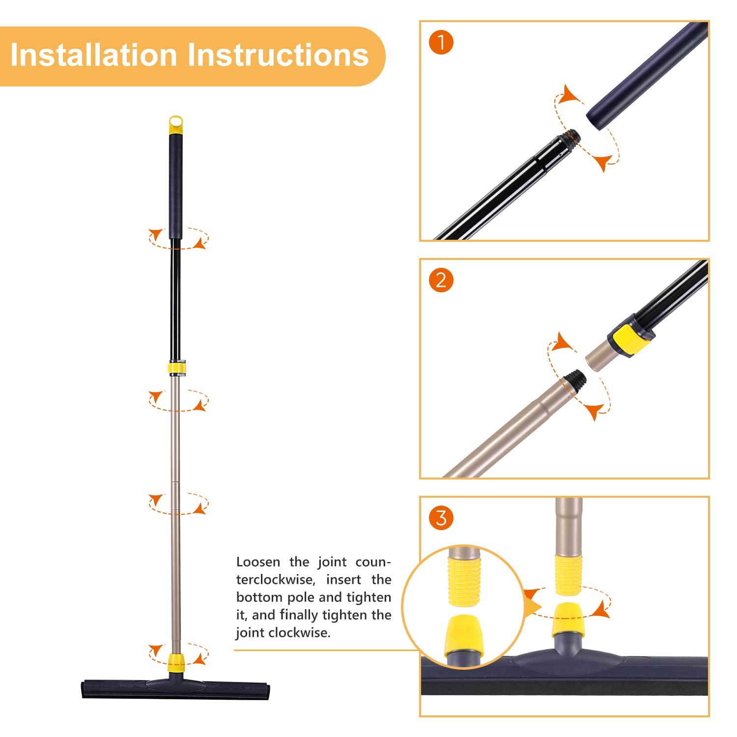 Floor Squeegee Scrubber with Telescopic Pole for Garage, Bathroom, Tile Cleaning
