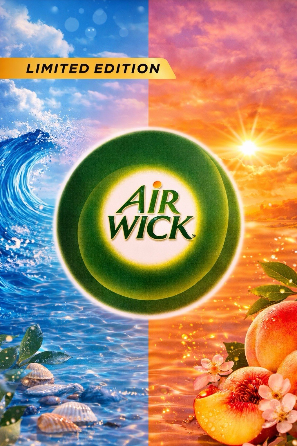 AIR WICK – 3 Calming Sea Spray & Breeze AND 3 Sweet Peach & Sunrise AND Plug-In