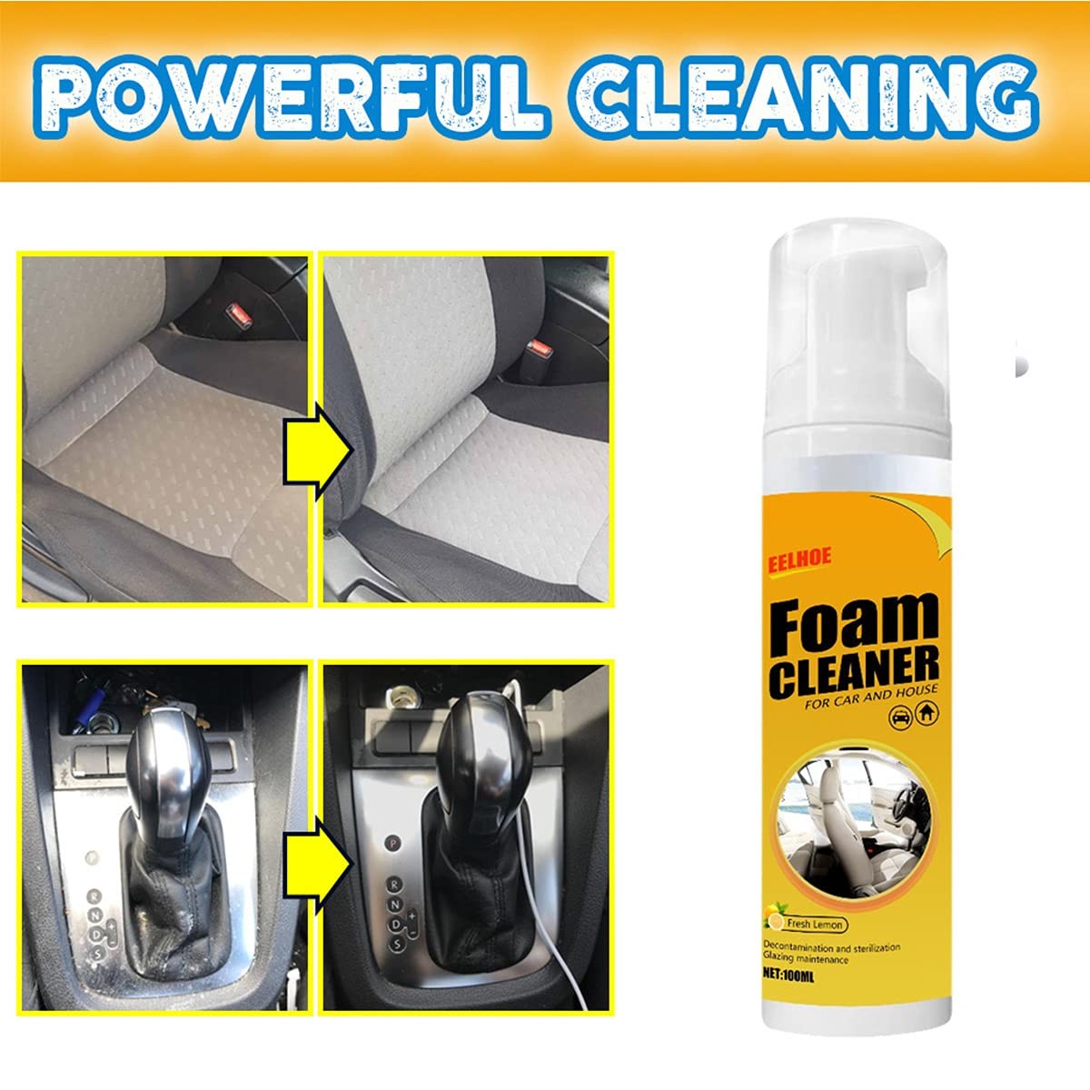 Multipurpose Foam Cleaner Spray 100ml – Lemon Scent for Car and Home (2 Pcs)