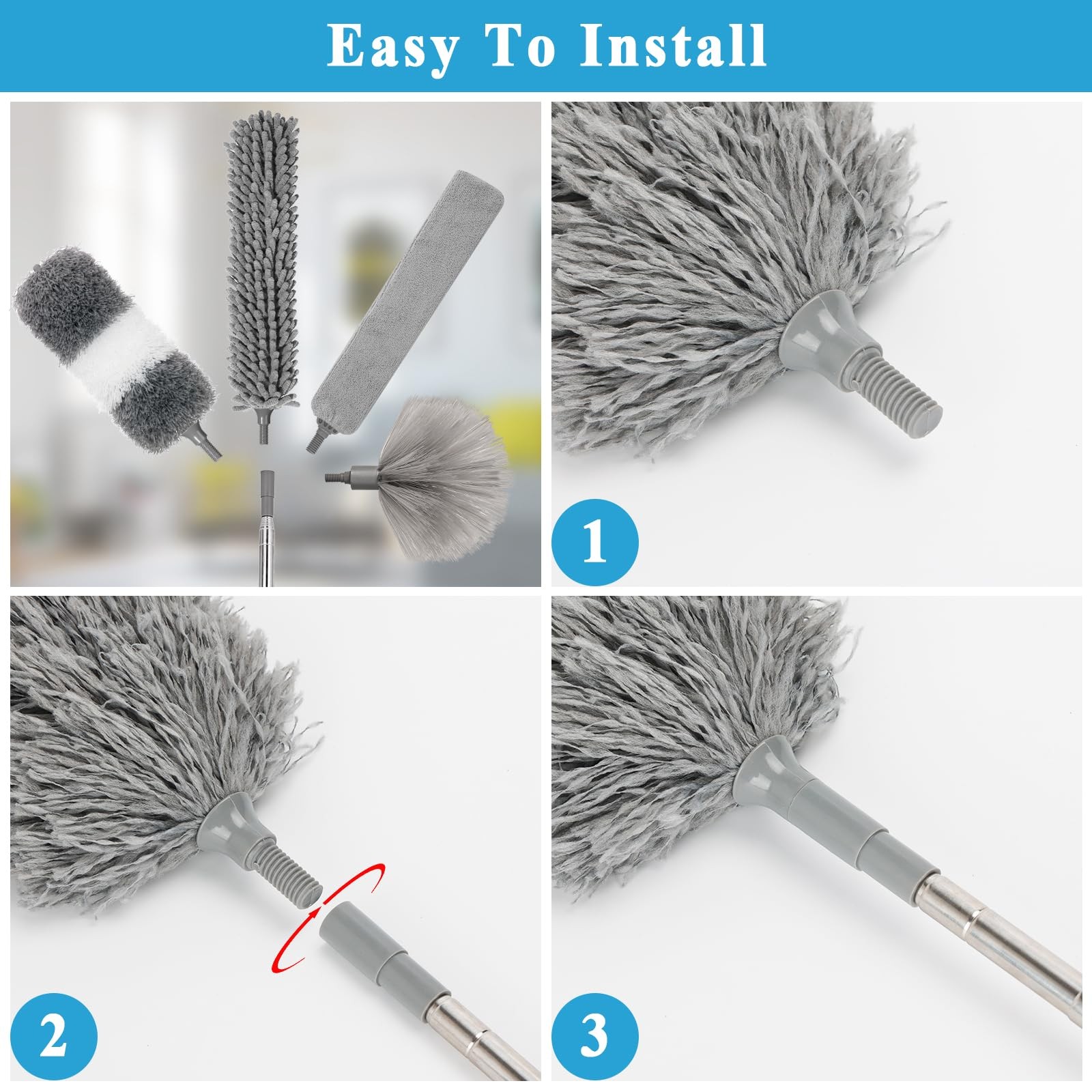 Microfiber Duster Kit 25pcs with 30 to 100 Inches Extension Pole and Baseboar…