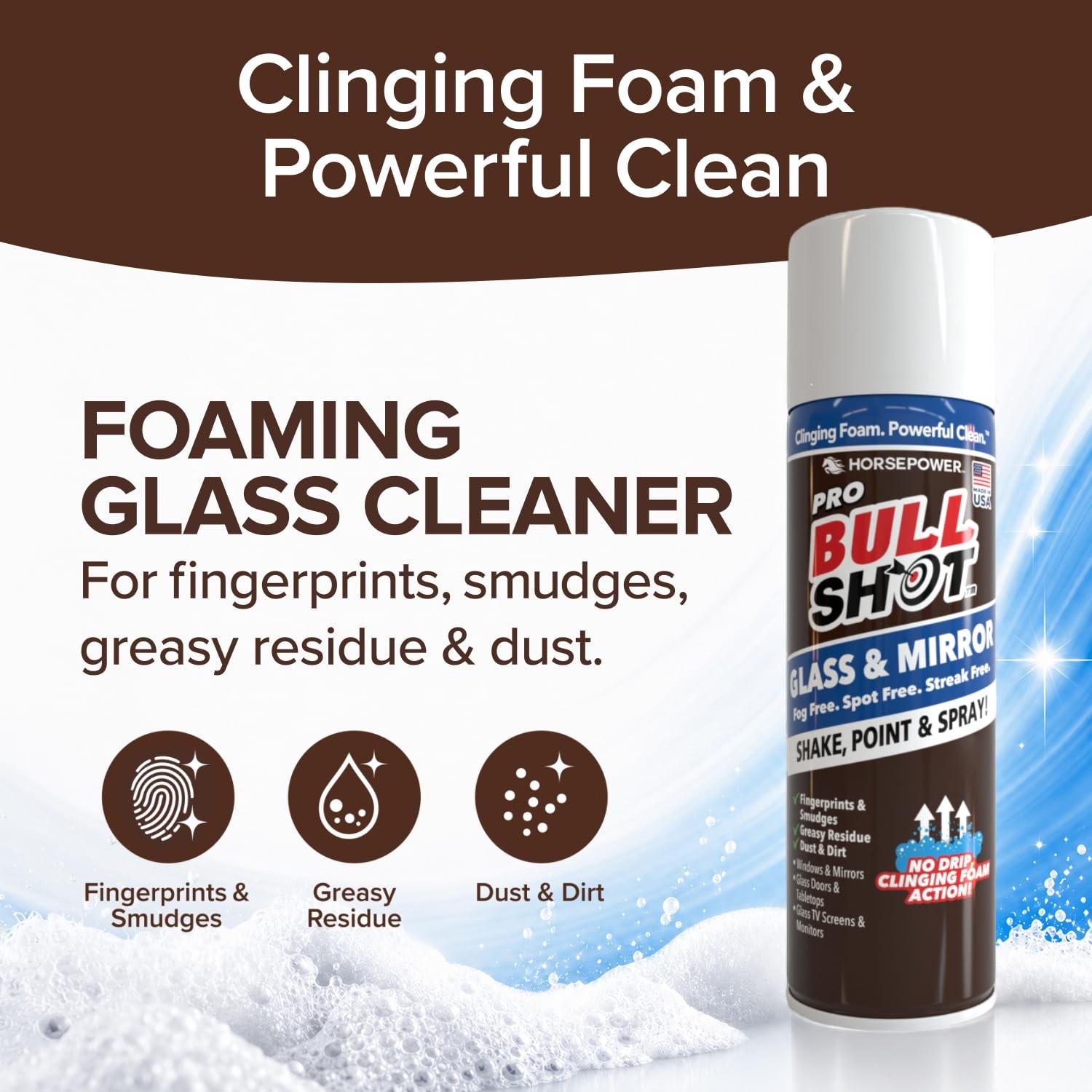 Bull Shot Glass & Mirror Cleaner, As Seen On TV, No-Drip Foaming Glass Cleane…