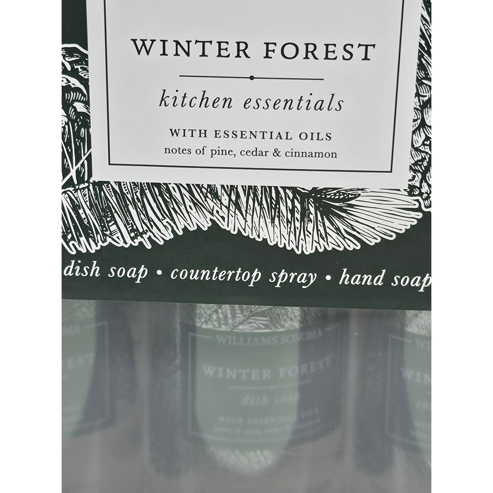 Williams Sonoma Winter Forest Kitchen Essentials 3 Piece Set Soap & Spray NEW