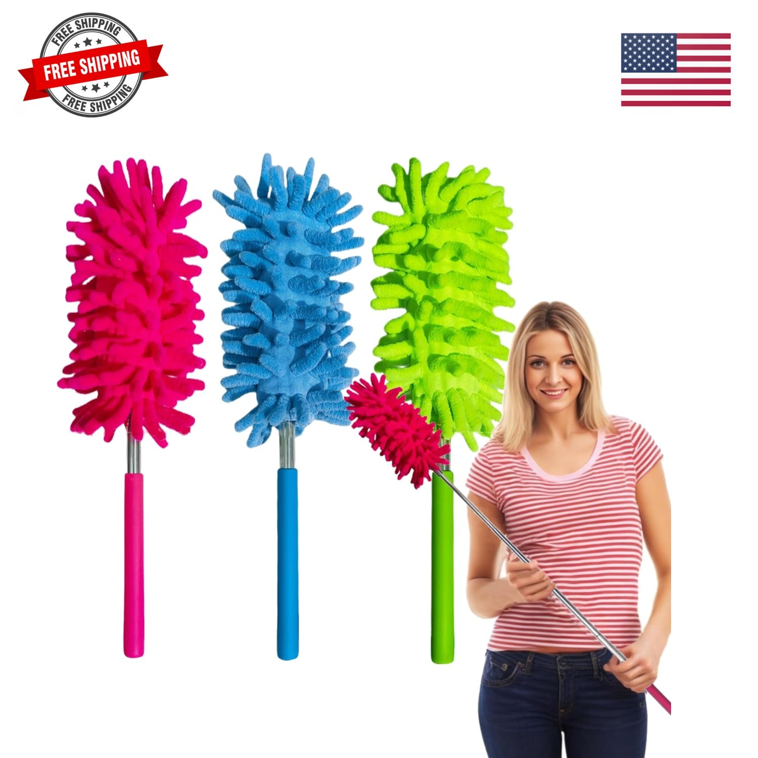 3 Pack Retractable Long- Washable Duster for Cleaning, Microfiber Hand Duster…