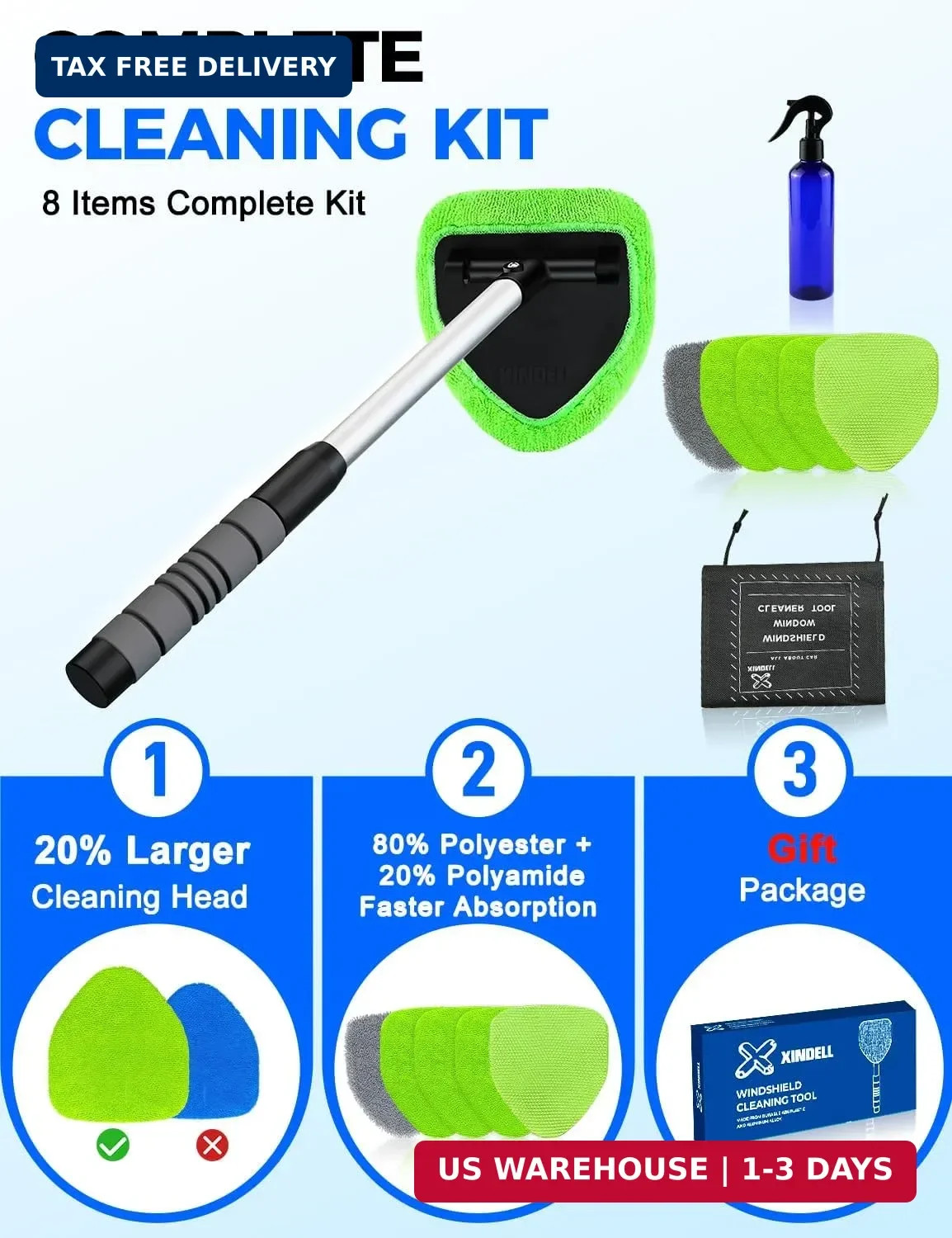 XINDELL Windshield Cleaner Tool – Car Interior Window Cleaning Kit with Extendab