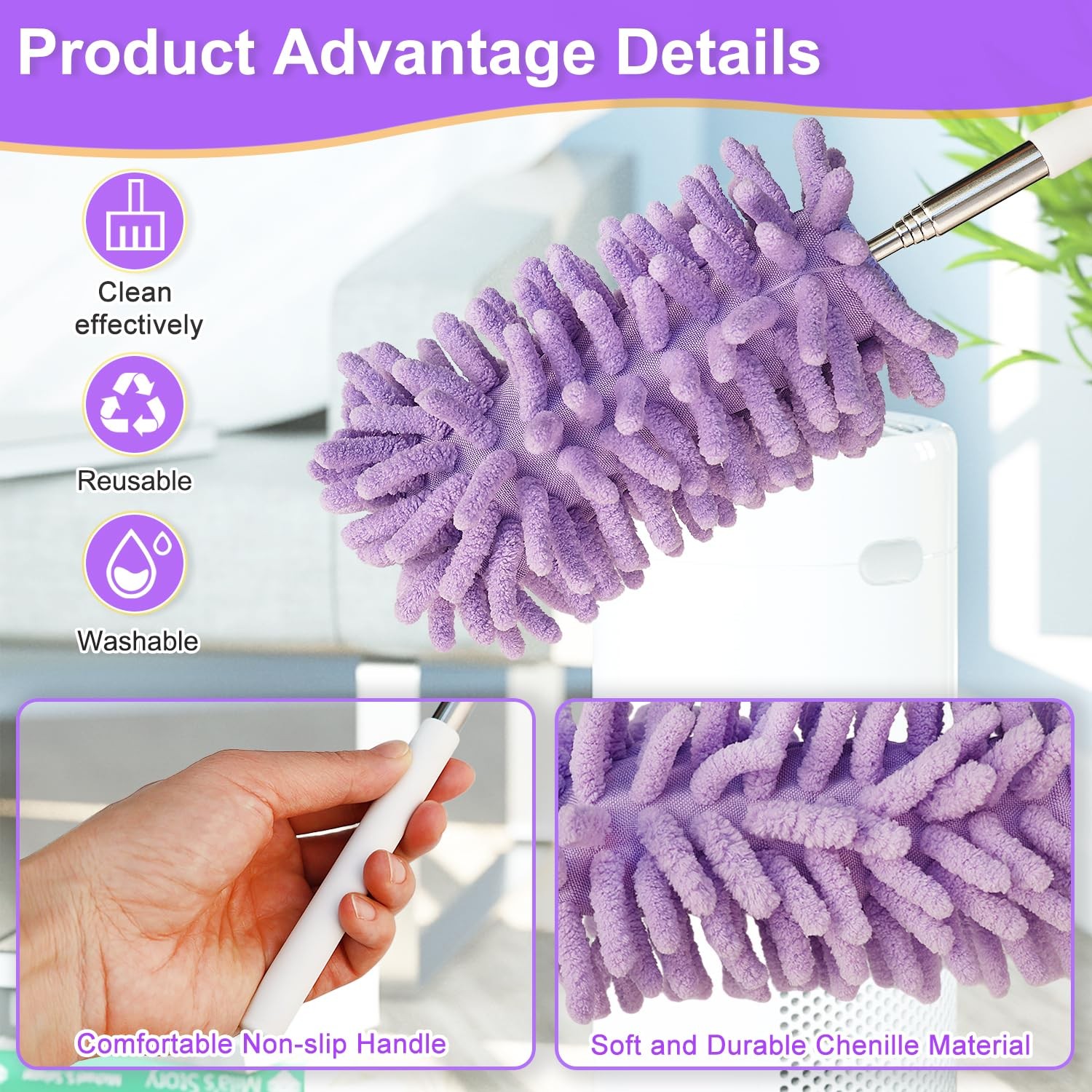 2Pcs Mini Duster for Cleaning, Microfiber Duster with Extendable Pole, Washab…