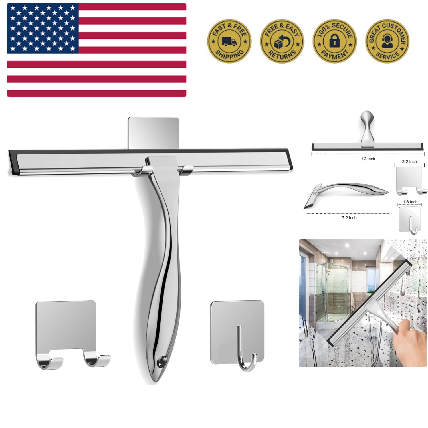 All-Purpose Stainless Steel Shower Squeegee for Shower Doors with 2 Adhesive …